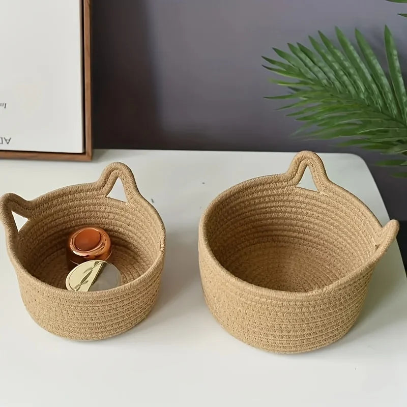 CatEar Basket – 1PC Adorable Cotton Woven Storage Basket, Durable Desk Organizer for Stationery and Sundries