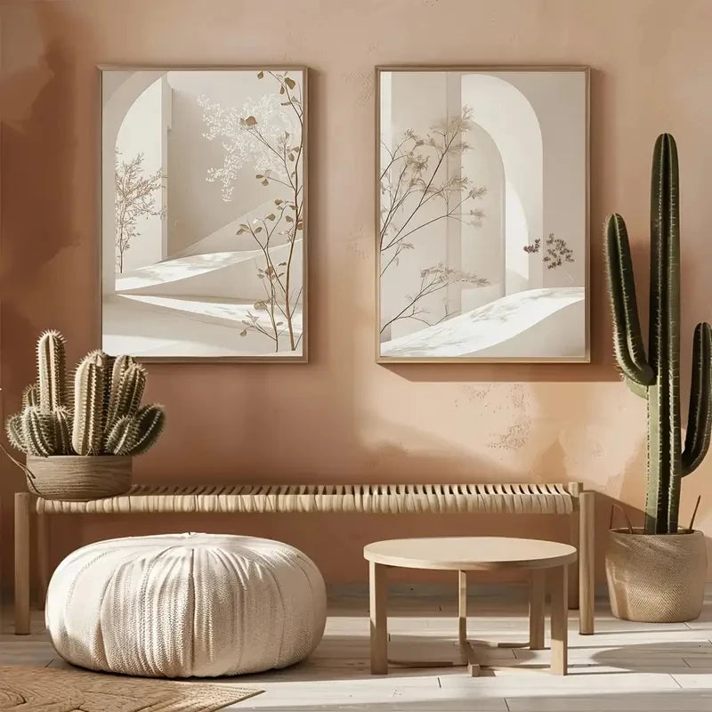 2-Piece Arch Landscape Canvas Print Set – Neutral Brown Tones, Frameless Boho Wall Art for Office, Bedroom, Dining Room, and Home Decor