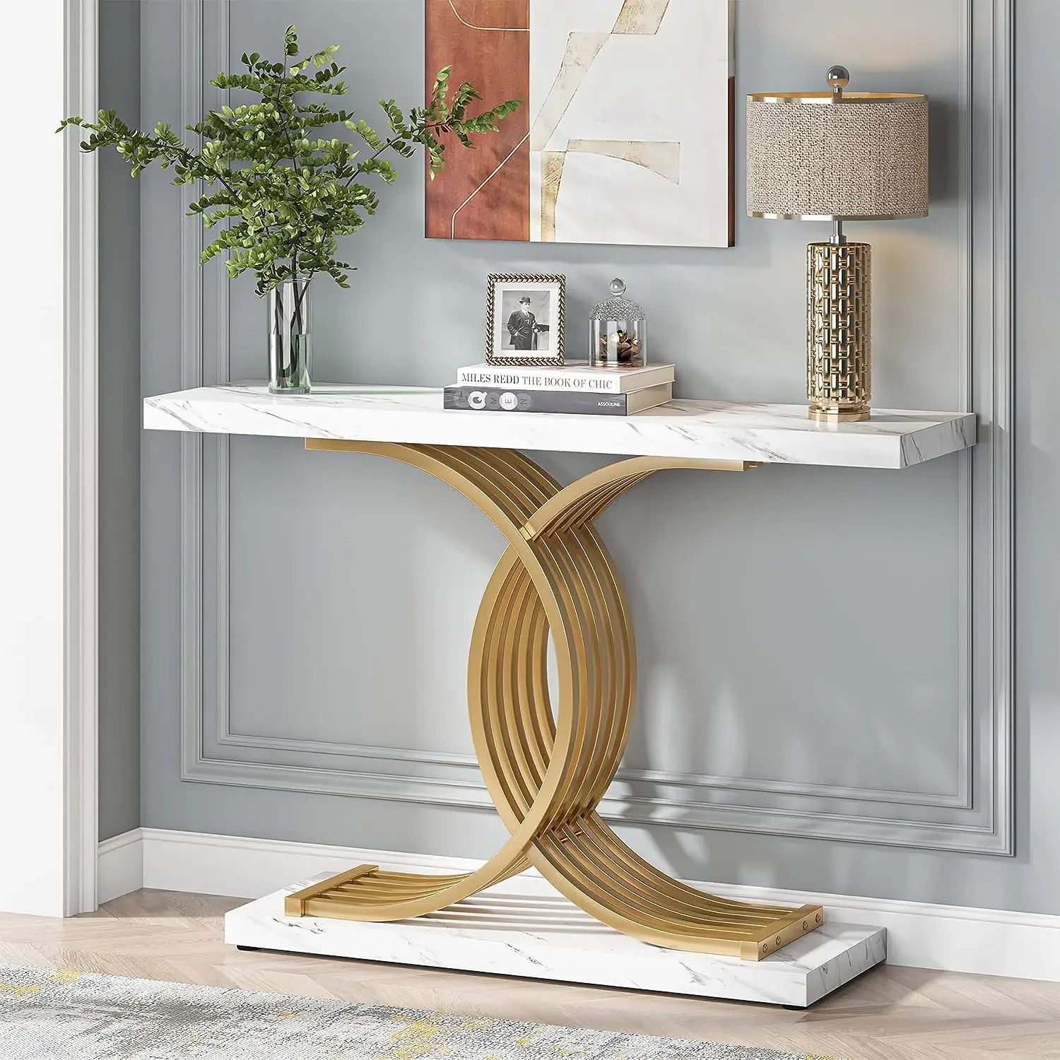 TribeGold™ 39" Modern Entryway Console – Faux Marble Top Narrow Wood Sofa Table with Geometric Metal Legs