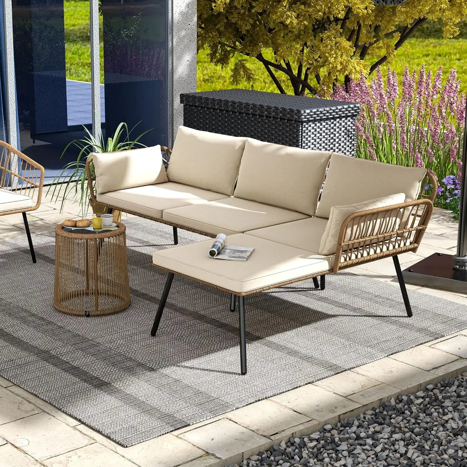 BOHOPIA™ – 3-piece wicker patio sectional sofa set, L-shaped 4-seater for backyard, porch, and boho-style outdoor living