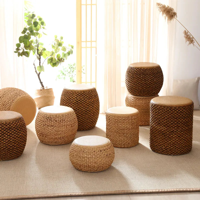Rattonea® Round Rattan Sitting Stool – Living Room Tea Table Seat, Bedroom Makeup Bench, Guzheng & Piano Practice Chair