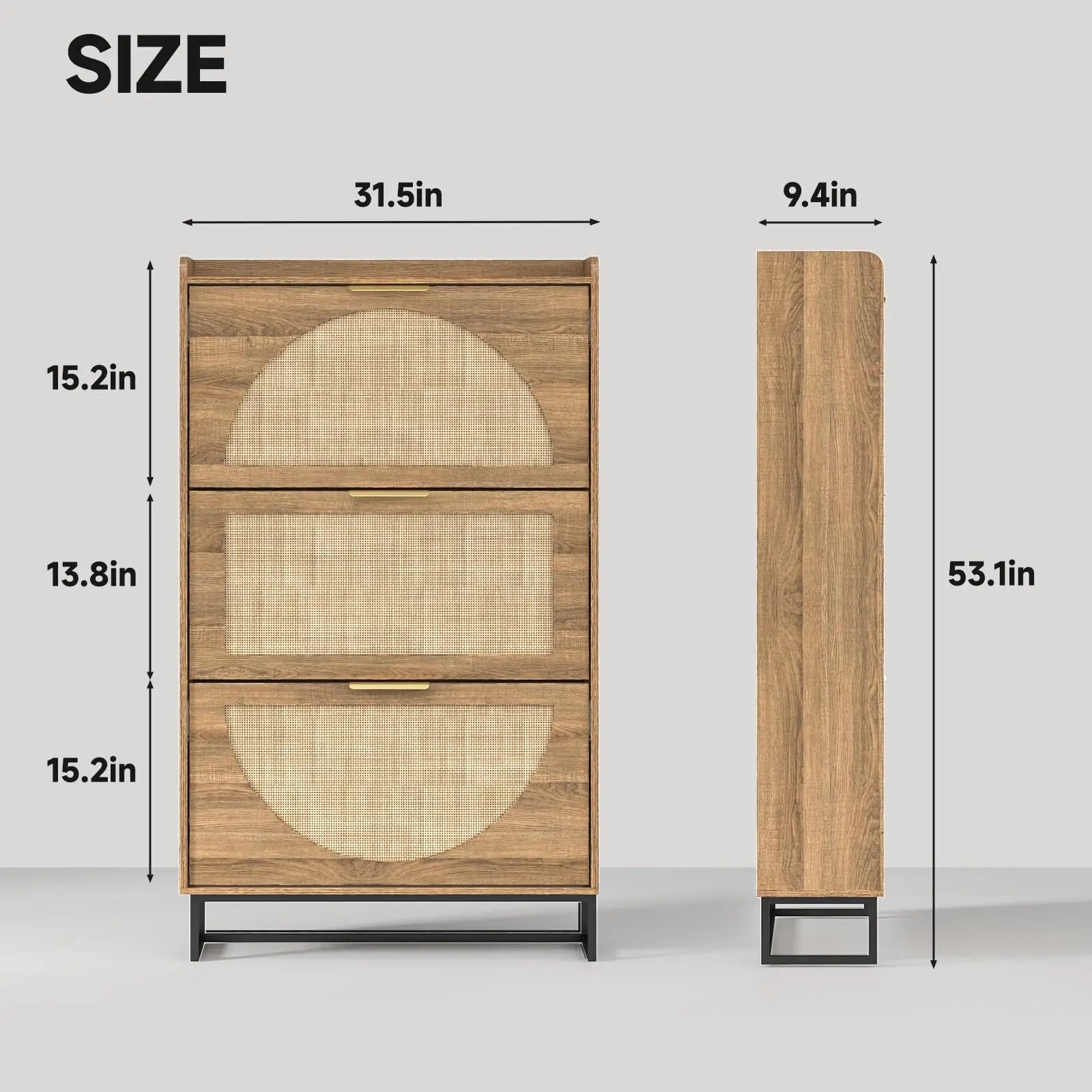 Vabches™ Rattan Shoe Cabinet – 3 Flip Drawers with Metal Legs, Freestanding Entryway Shoe Organizer