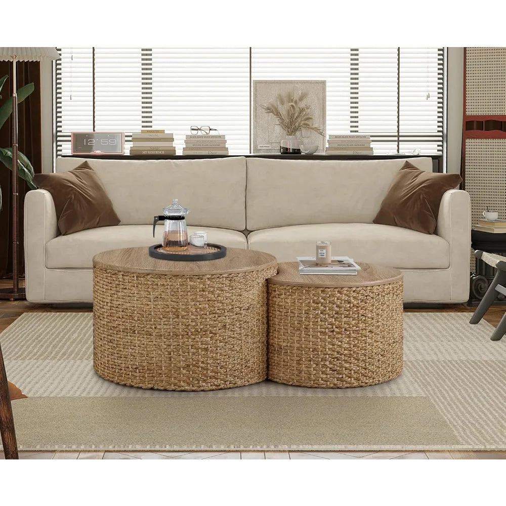 Marivelle® Nesting Coffee Table Set – Coastal Woven Coffee Tables with Solid Wood Tops & Storage