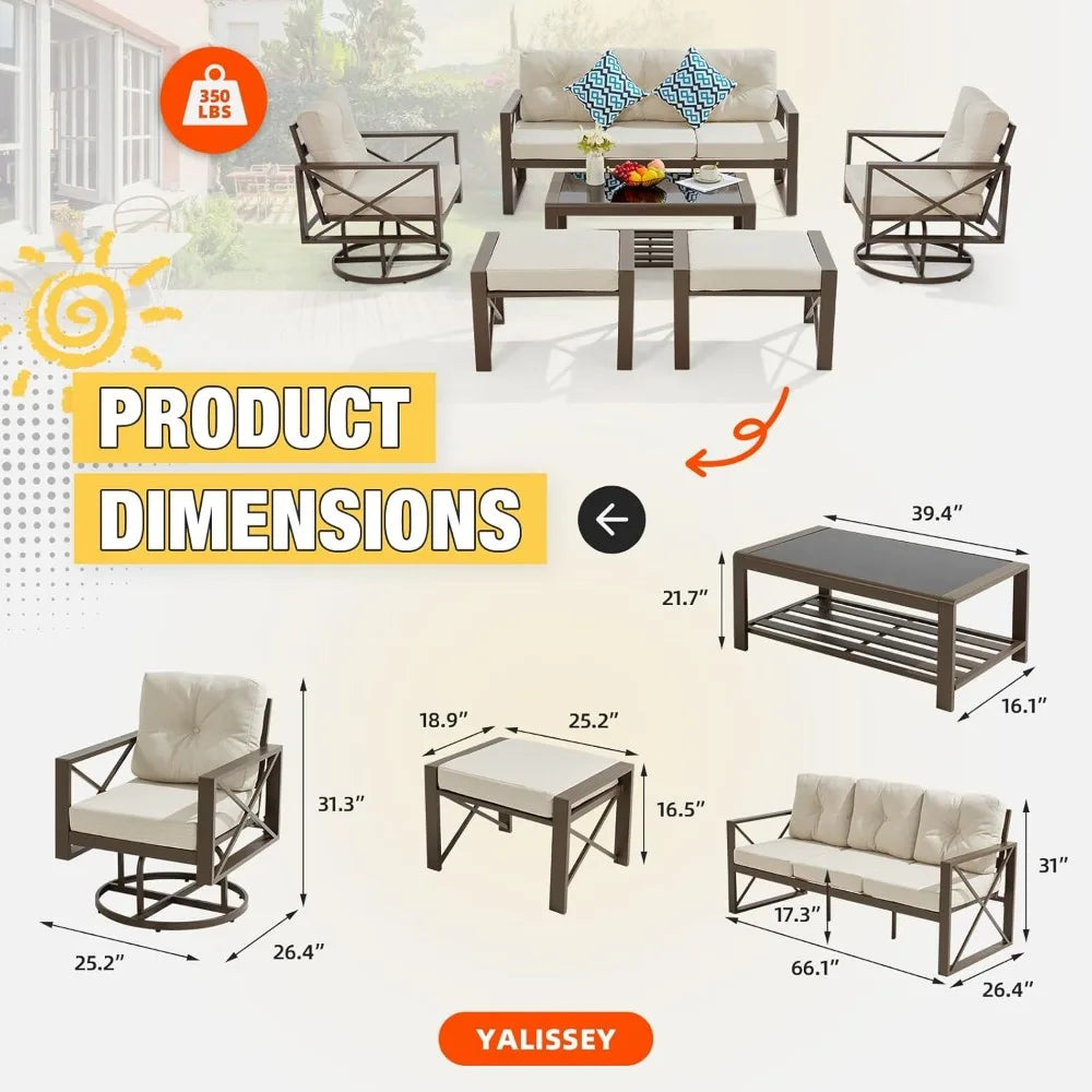 MetroSwivel™ 6-Piece Metal Patio Furniture Set Outdoor Seating with Swivel Chairs & Ottoman — Perfect for Porch, Deck & Bistro