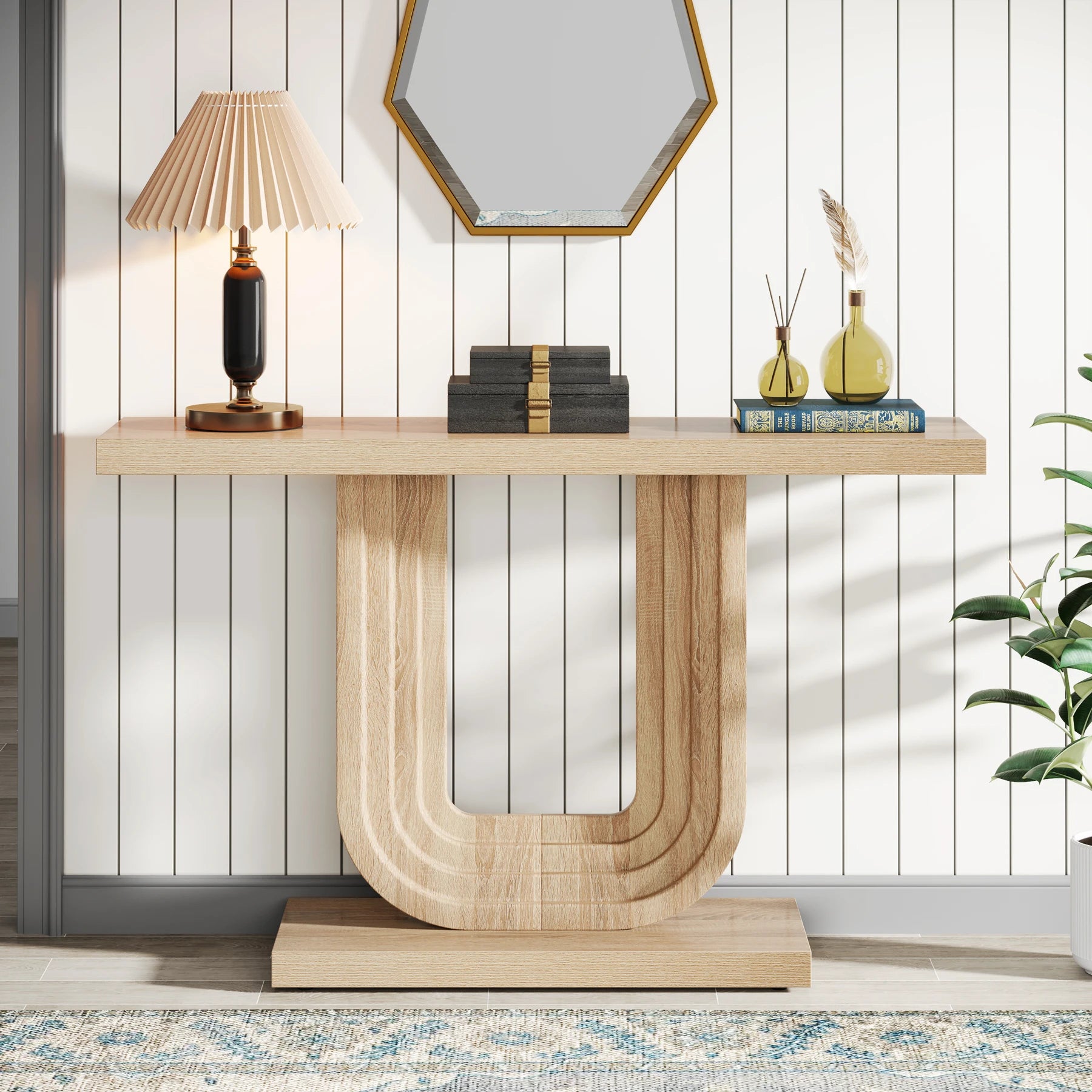 FarmhouseEdge™ 39" Narrow Console Table – Geometric Base Wood Entryway & Sofa Table