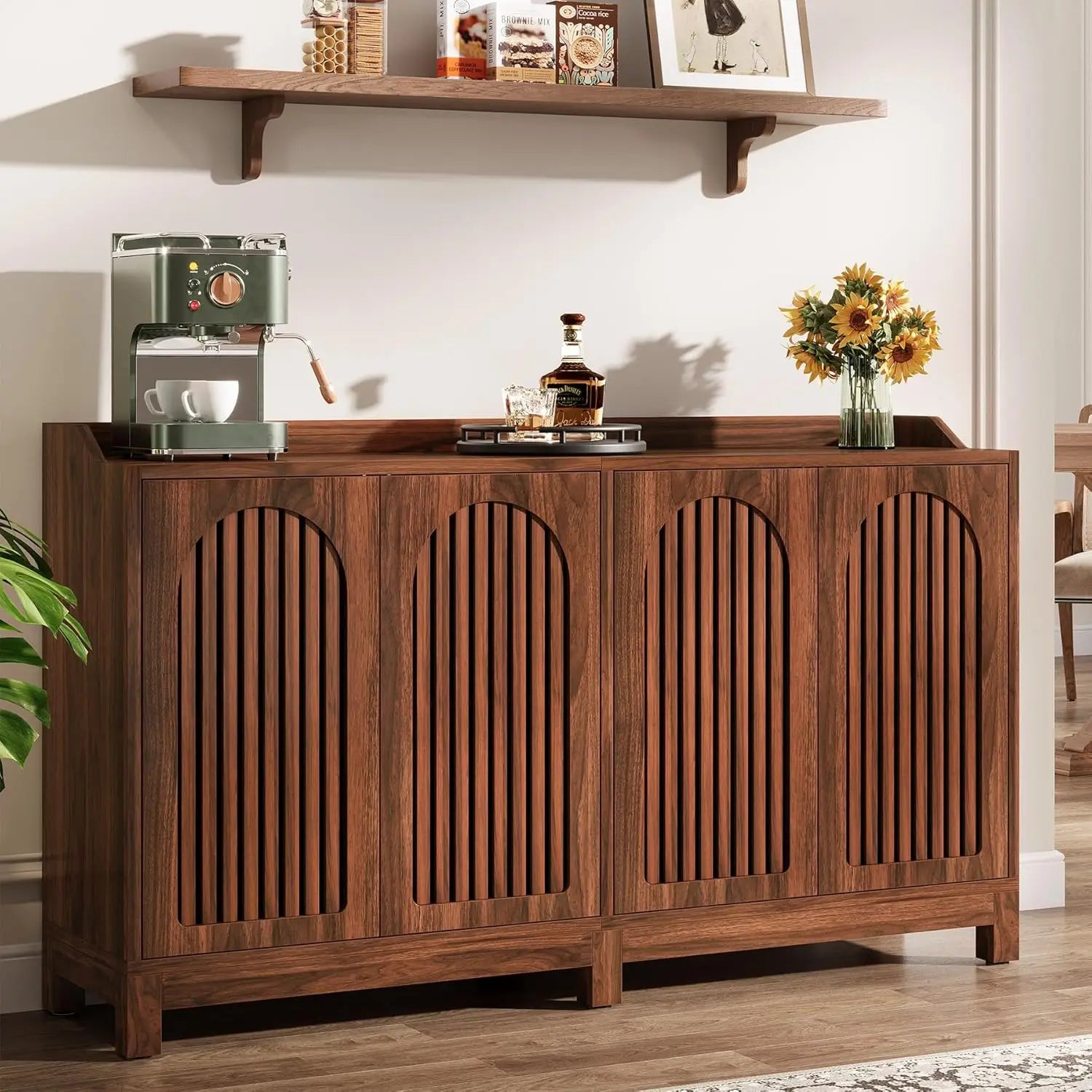 Farmhouse™ 57" Walnut Buffet Cabinet – Sideboard with Doors & Adjustable Shelves for Dining, Kitchen & Living RoomDemander à ChatGPT