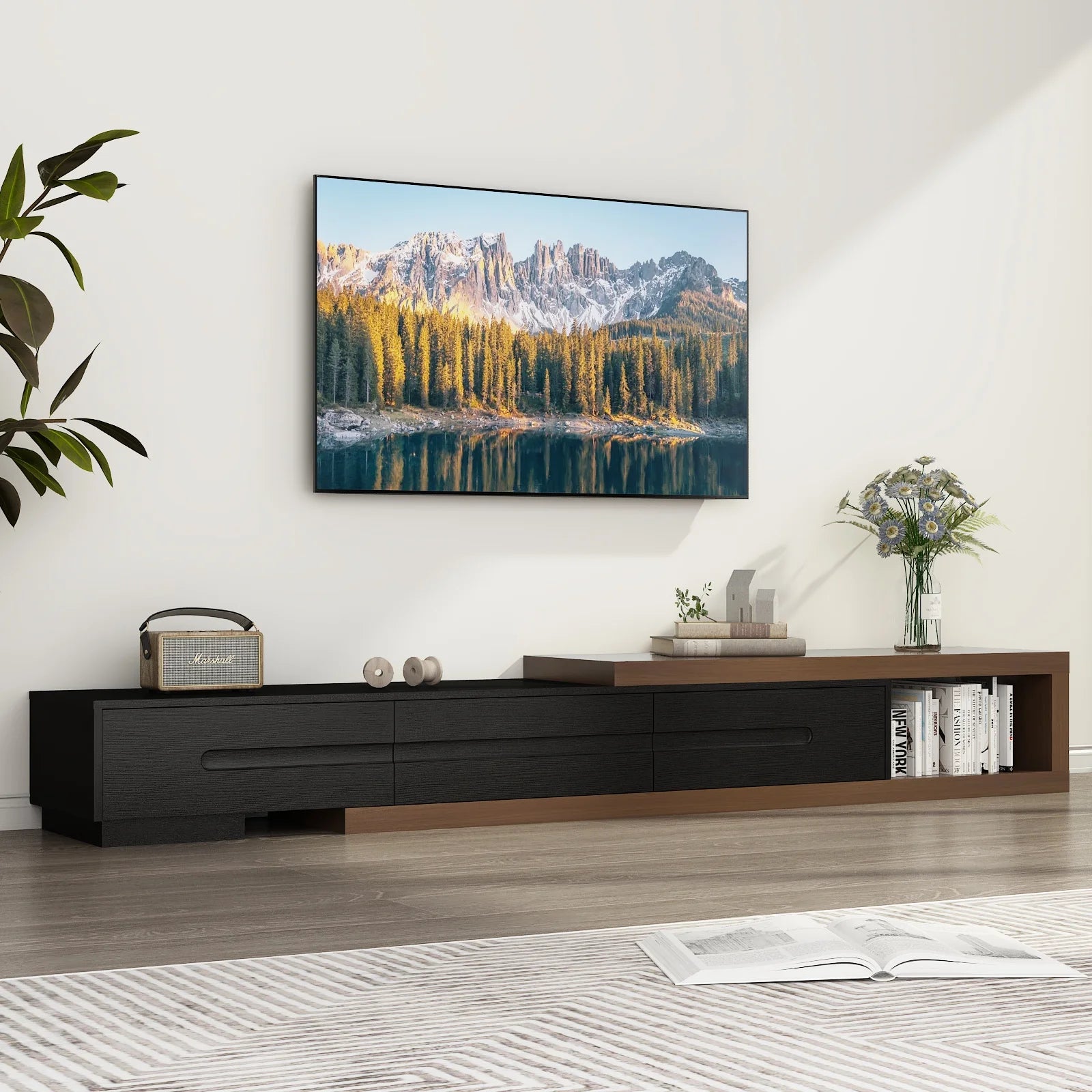 FlexiView Extendable TV Stand 82-110" — Fits Up to 120" TVs, Reversible Wood Media Console with 3 Drawers & Open Shelf