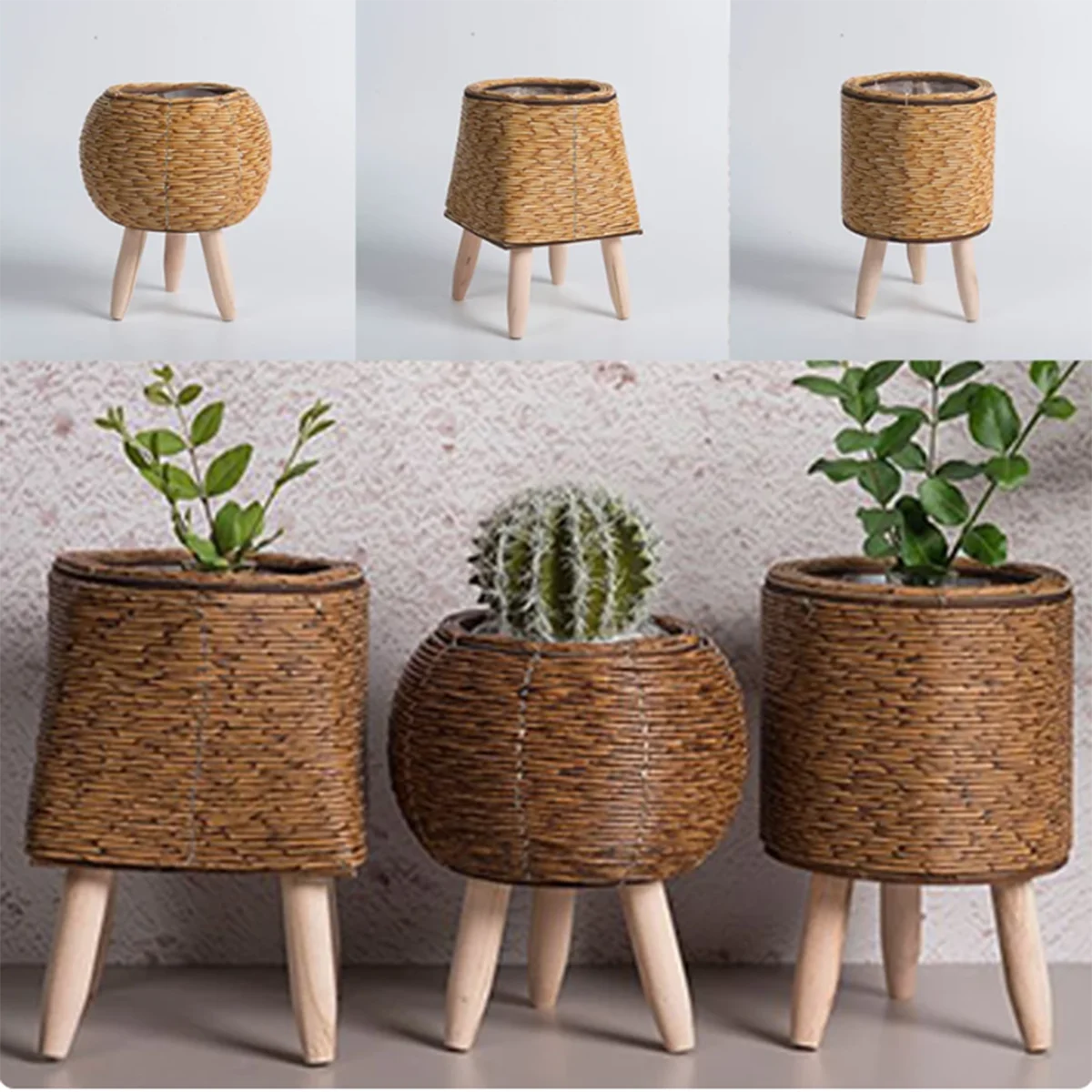 VineFrame – Triangle Bracket Woven Flowerpot, Creative Desktop Plant Holder, Grass Weave Plant Storage Container