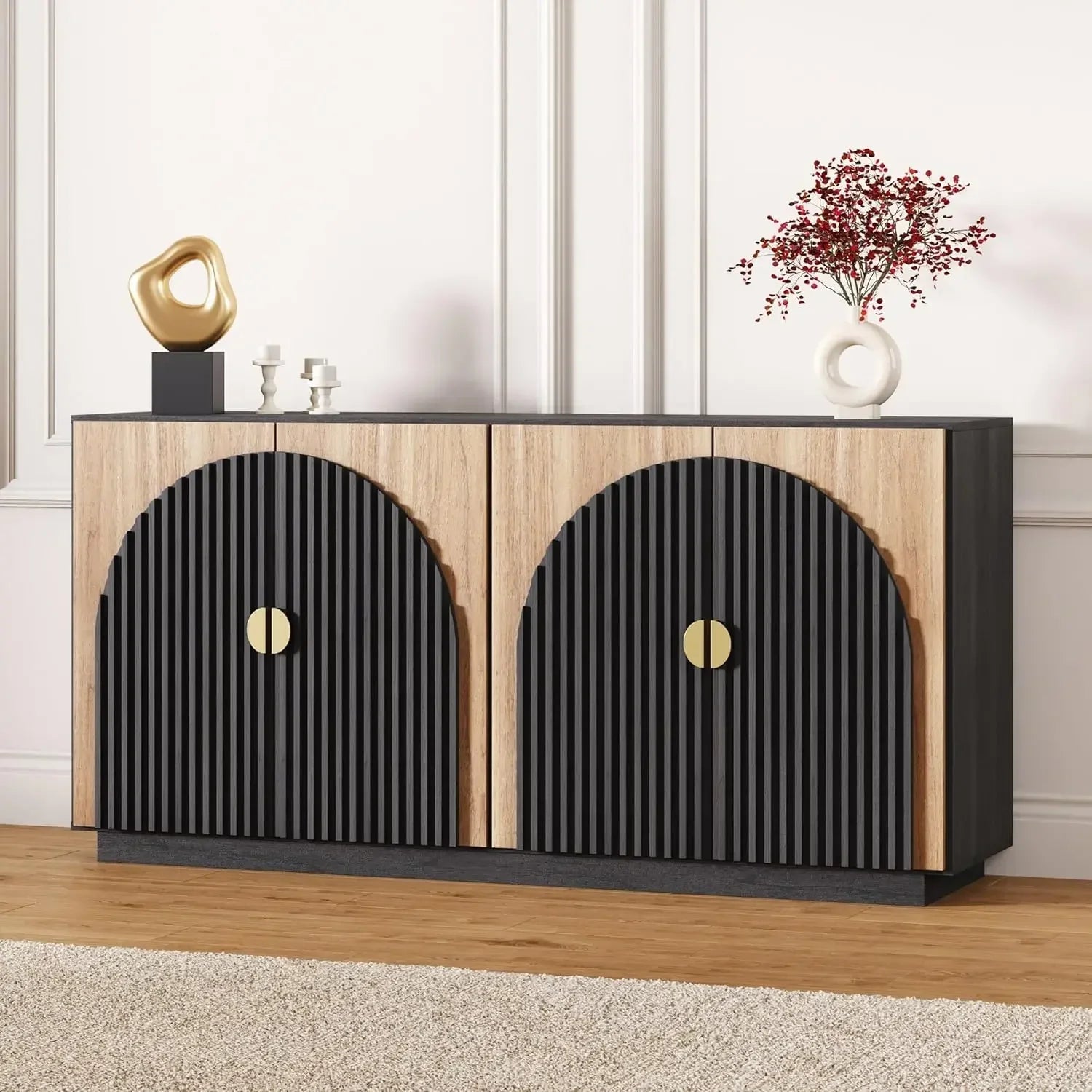 ArcLine™ 65" Fluted Buffet Cabinet – Spacious Sideboard with Storage, Symmetrical Design for Dining Room & Kitchen