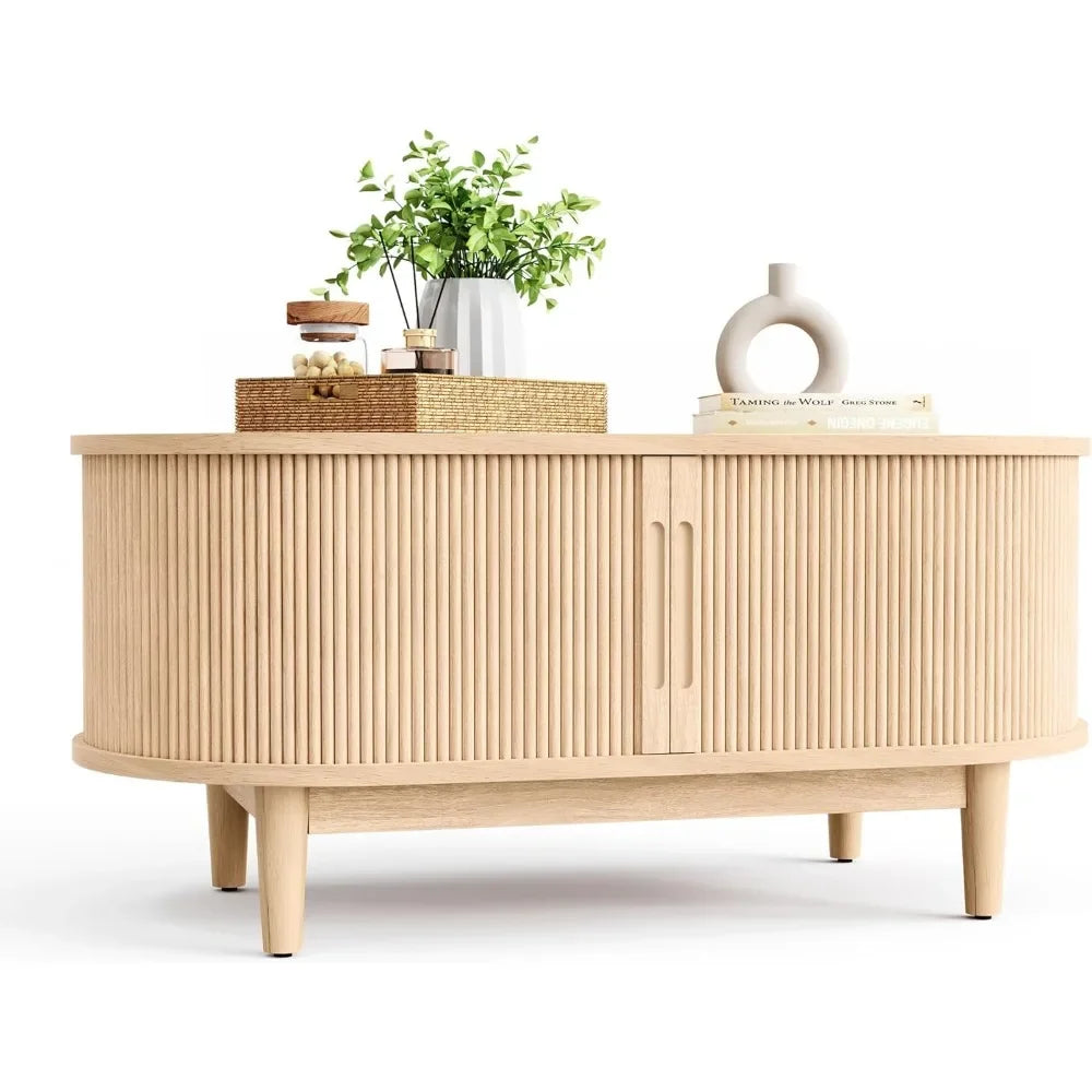MidCentury™ Oval Coffee Table – Modern Fluted Center Table with Sliding Tambour Door & Storage