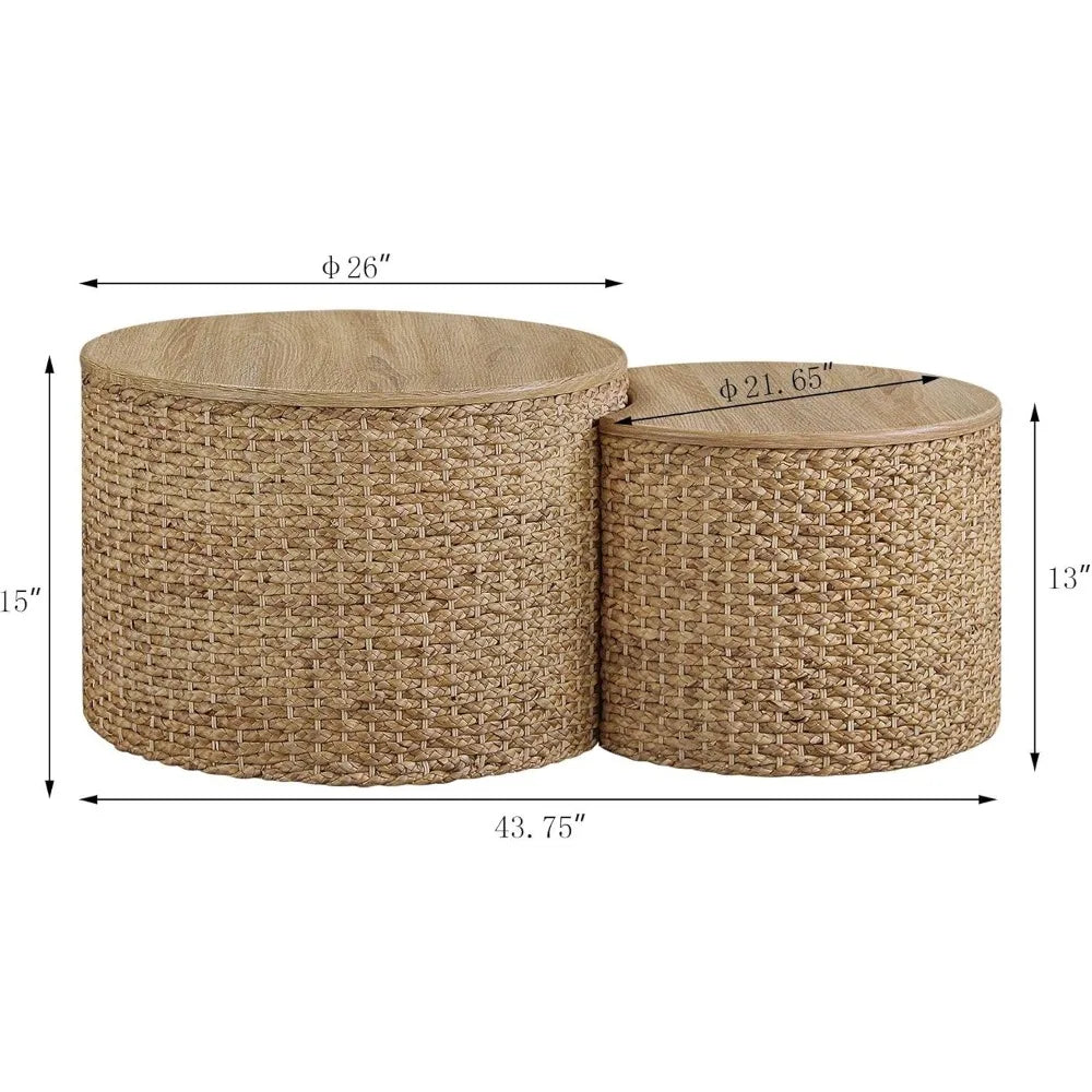 Marivelle® Nesting Coffee Table Set – Coastal Woven Coffee Tables with Solid Wood Tops & Storage