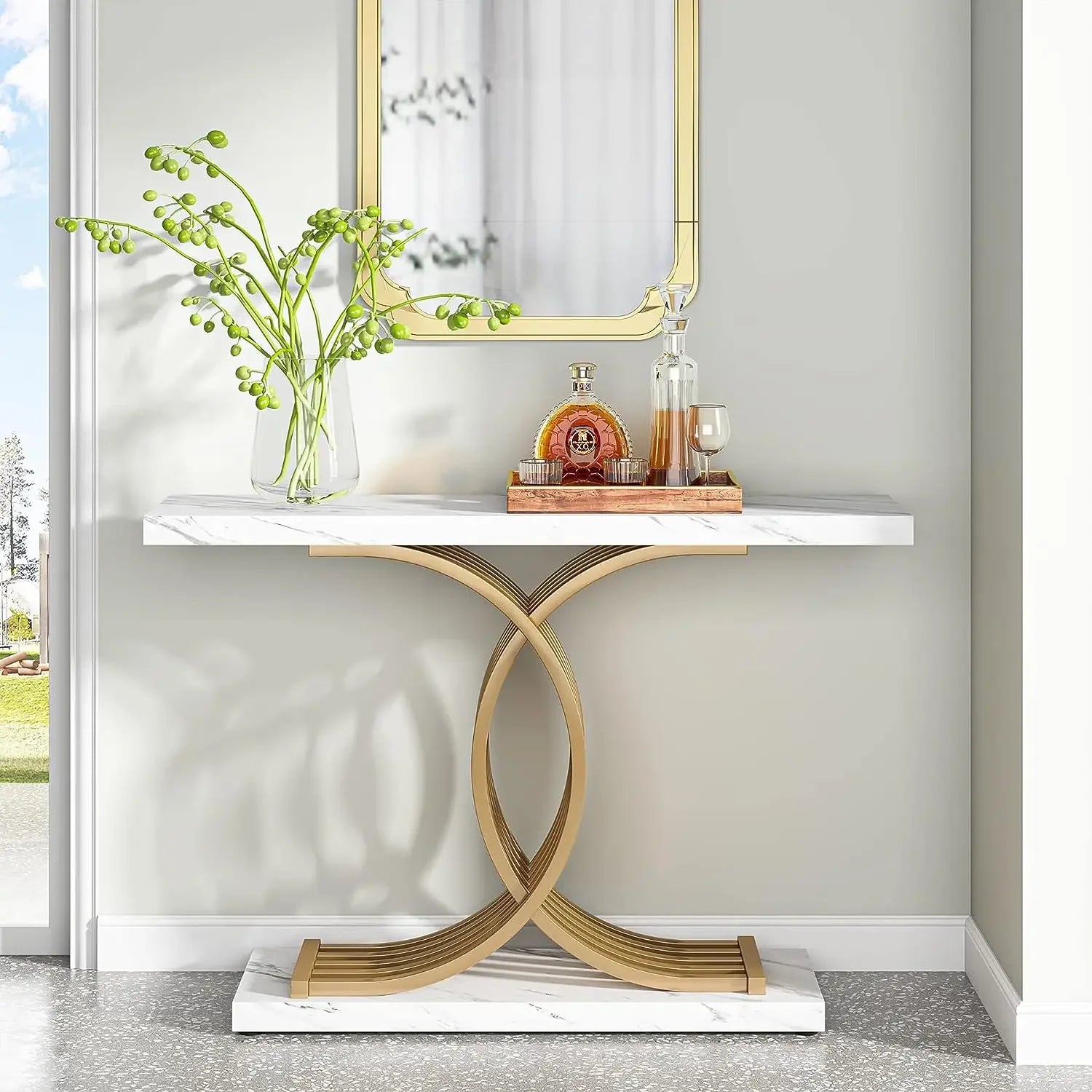 TribeGold™ 39" Modern Entryway Console – Faux Marble Top Narrow Wood Sofa Table with Geometric Metal Legs