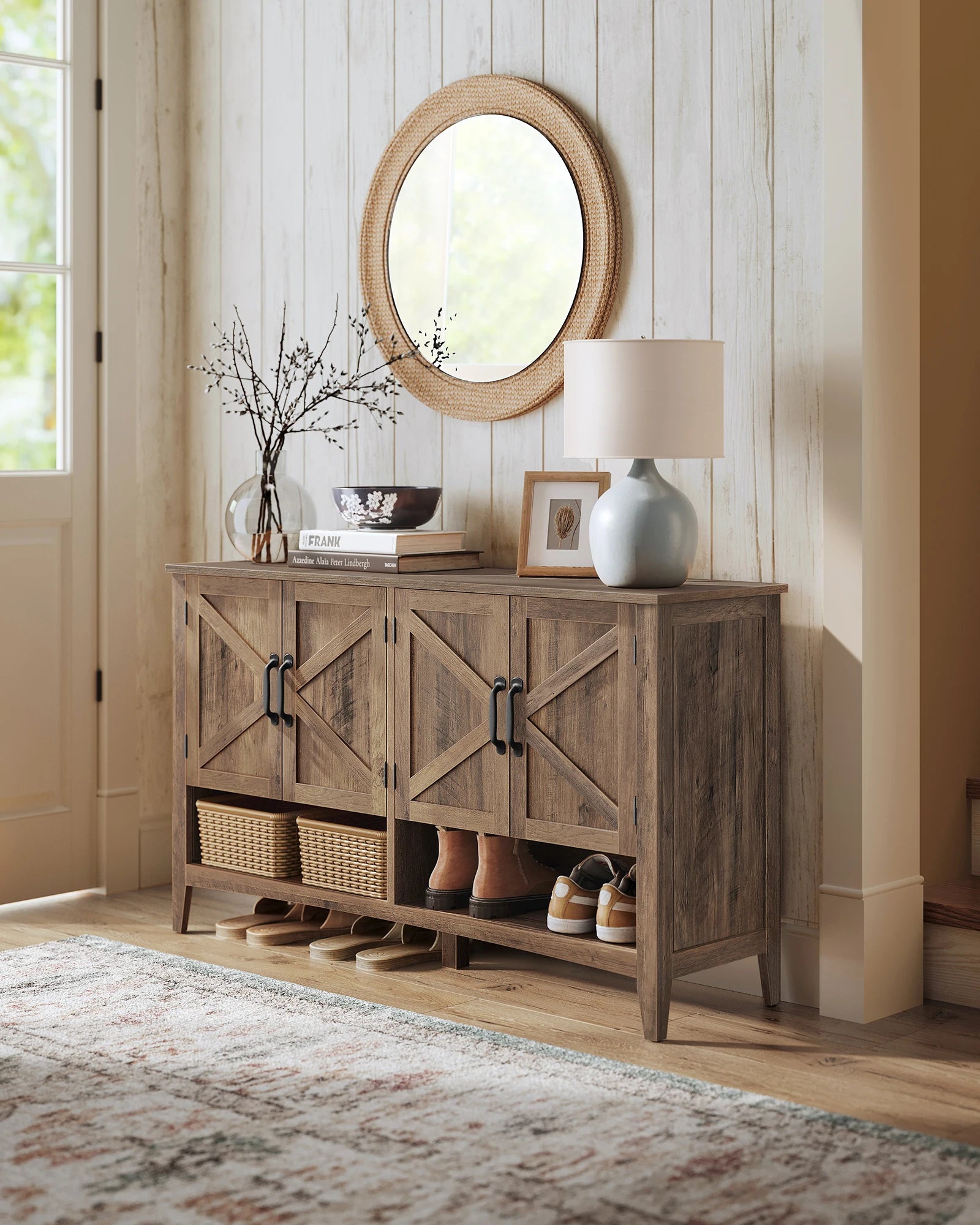 VASAGLE™ 3-Tier Farmhouse Shoe Cabinet – Adjustable Height Freestanding Shoe Storage Organizer