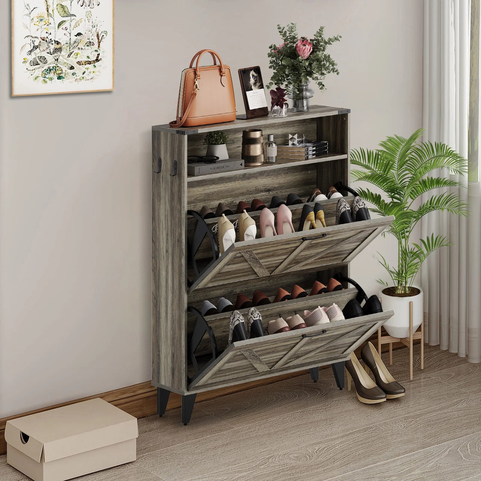 EntryEase™ Large Capacity Shoe Cabinet – Hidden Storage with 2 Flip Drawers, Adjustable Shelves & Raised Legs for Entryway Organizer