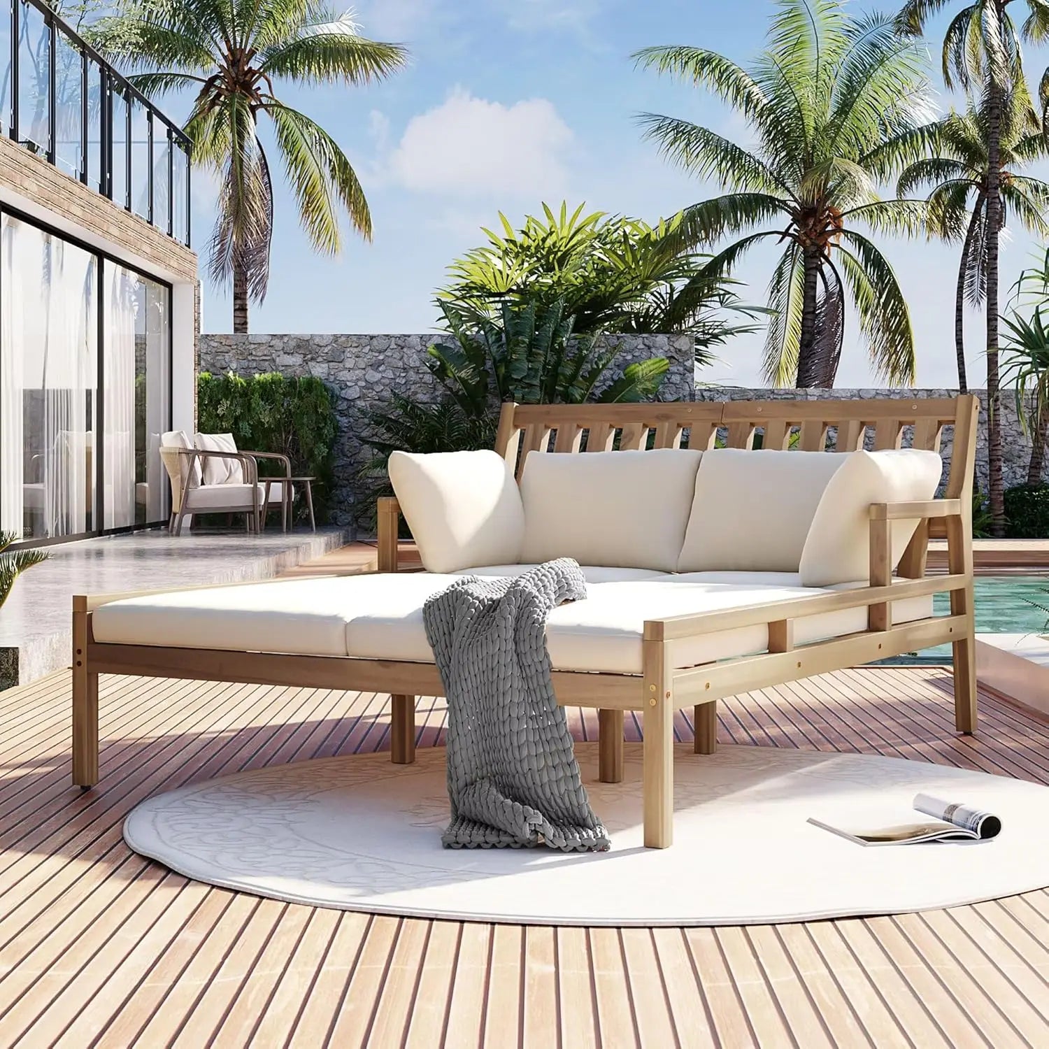 Soluna™ Outdoor Daybed with Pillows Wooden Patio Lounger with Curved Armrests — Gray & Beige Design for Poolside, Garden, or Backyard