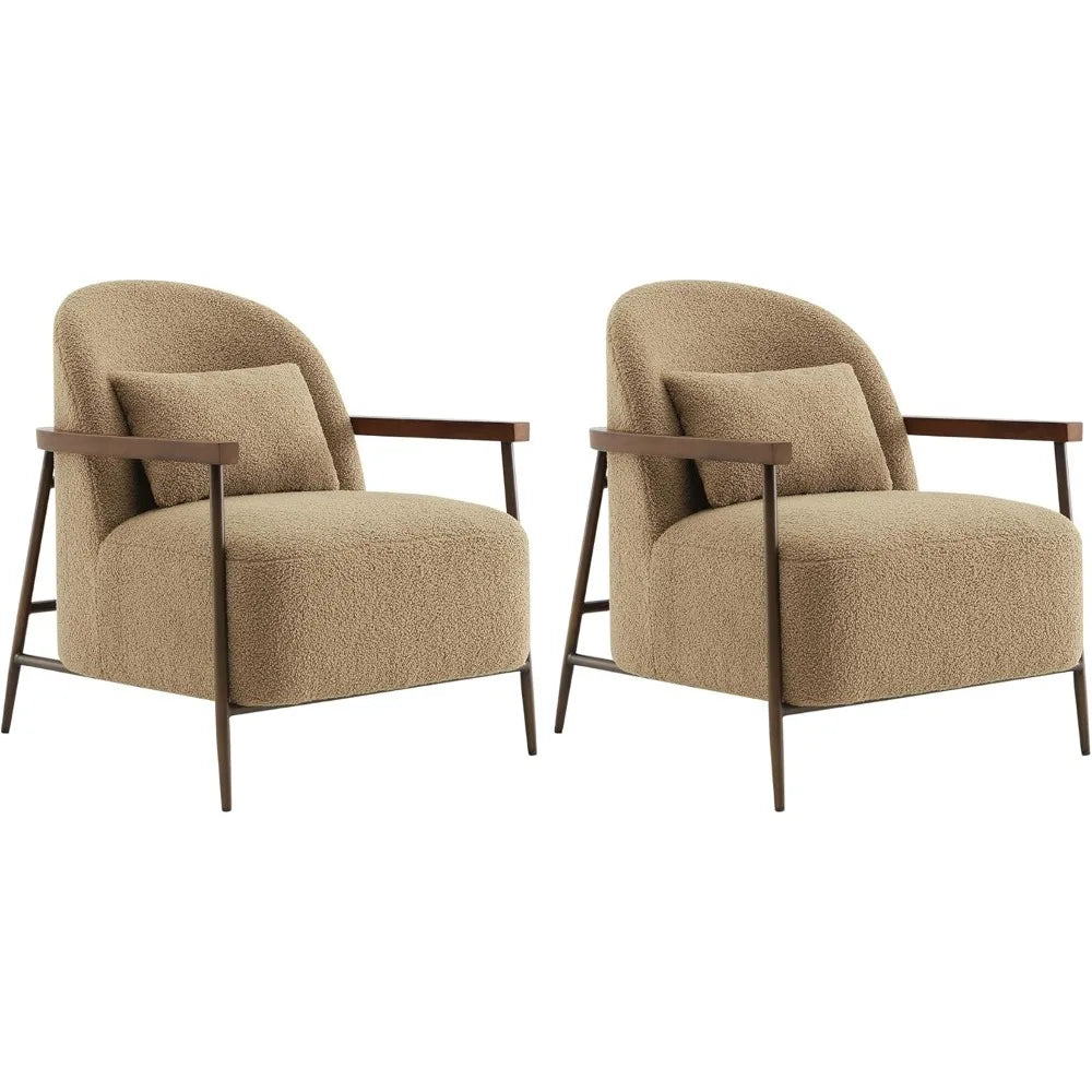 SherpaNest™ Set of 2 Accent Chairs Modern Upholstered Faux Sherpa Fabric Armchairs with Metal Frame & Wooden Legs — FSC Certified