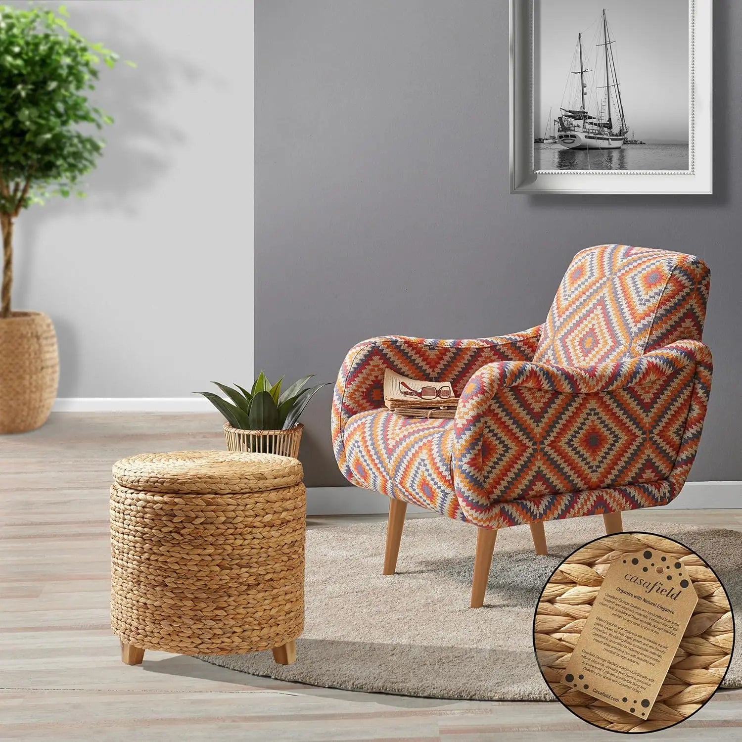 Riventa® Round Storage Ottoman – Handwoven Water Hyacinth Footstool with Lid for Home
