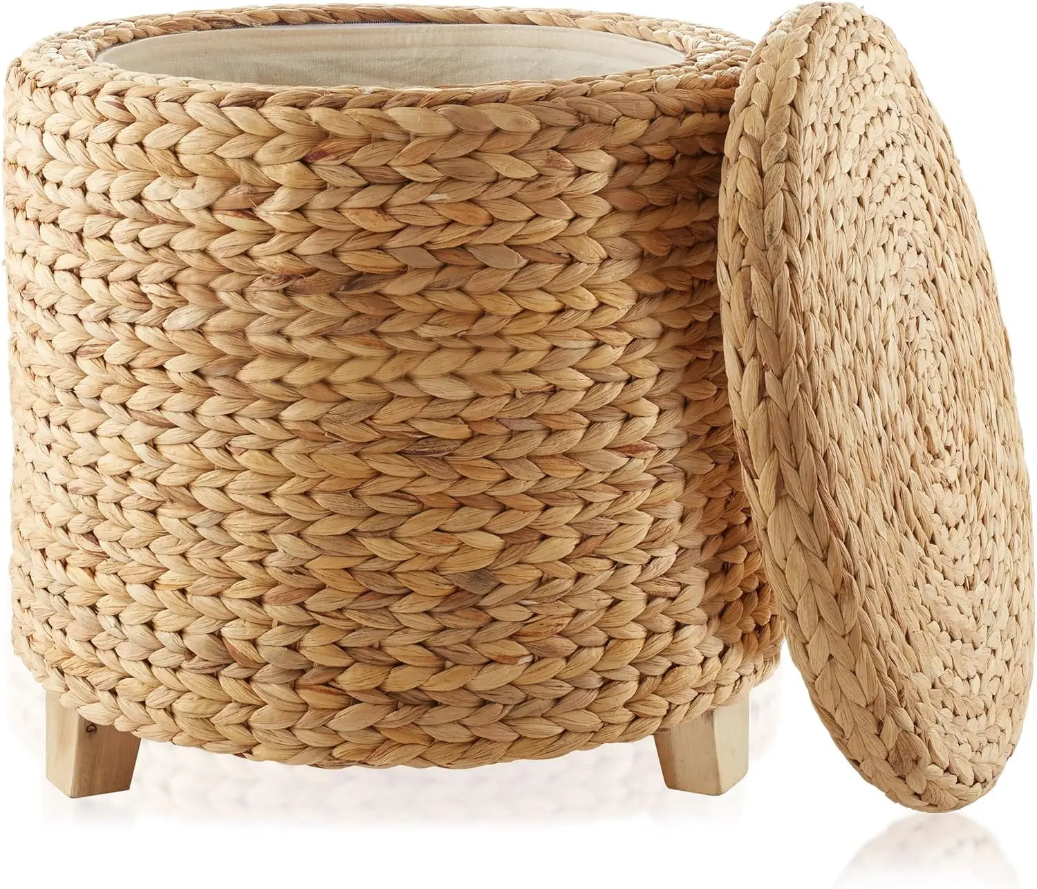 Riventa® Round Storage Ottoman – Handwoven Water Hyacinth Footstool with Lid for Home