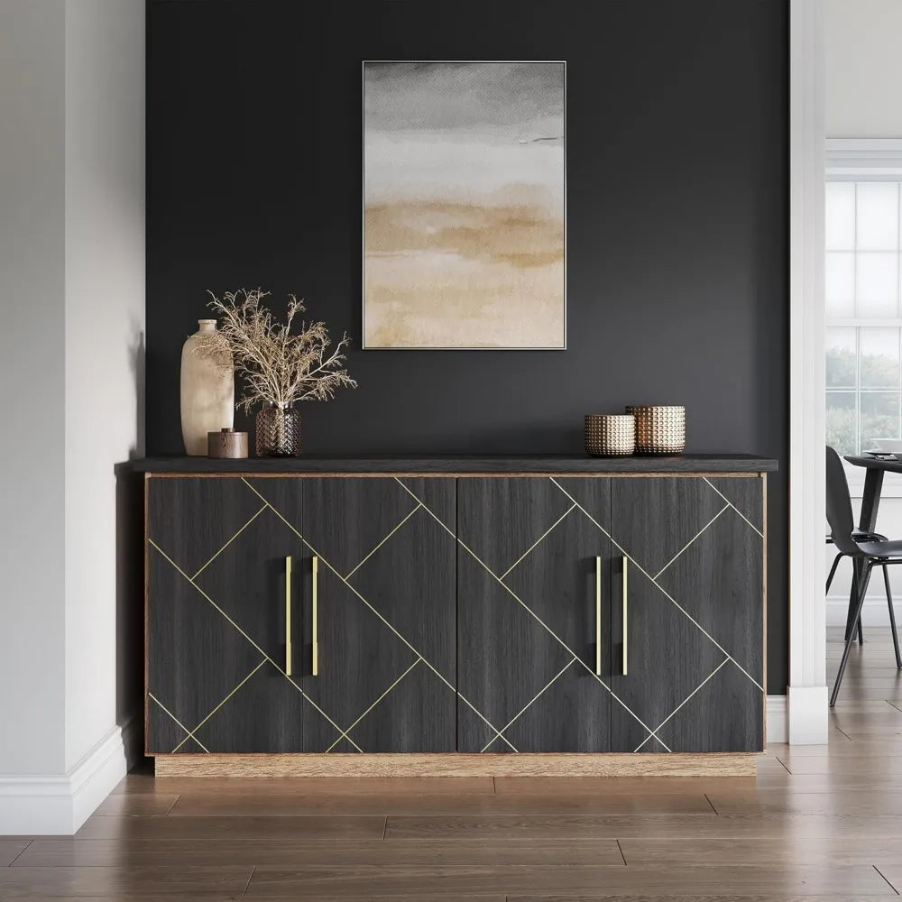 Kiara™ 65" Buffet Sideboard Cabinet – Modern Storage Console with Gold Trim & Decorative Doors