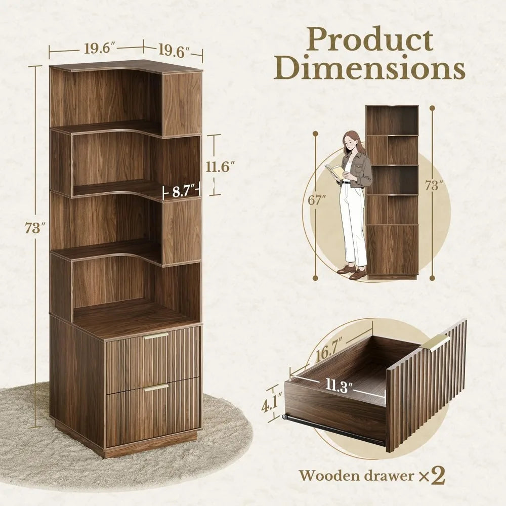 FLUTTERA™ – 5-tier fluted corner bookshelf with drawers and storage display rack, 71” tall for stylish organization
