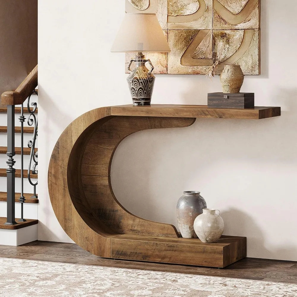 EntryCove™ 43.3" Mid-Century Modern Console Table – Wood C-Shaped Accent for Entryway & Living Room