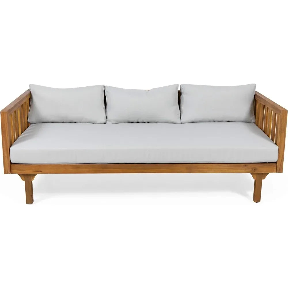 TeakLuxe™ 3-Seater Acacia Wood Daybed Outdoor Daybed with Teak Finish and Light Grey Cushions