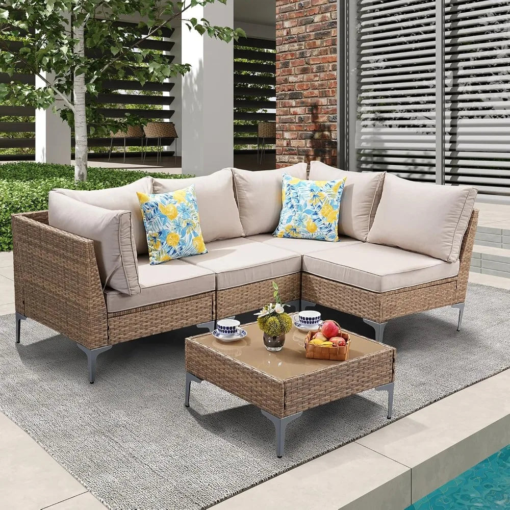 Solvara™ 7-Piece Outdoor Rattan Sofa Set Beige Segmented Terrace Furniture with Coffee Table & Thick All-Weather Non-Slip Cushions