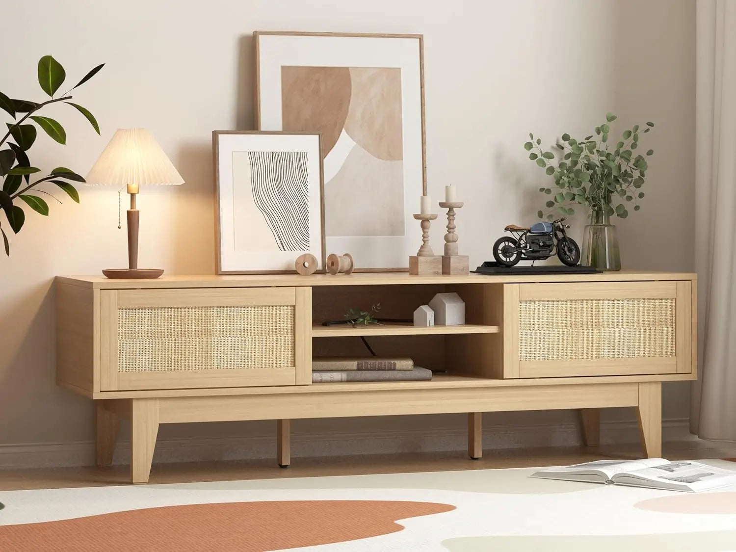 BohoRattan™ 55-65" TV Stand – Entertainment Console with Shelves, Cabinets & Sliding Doors