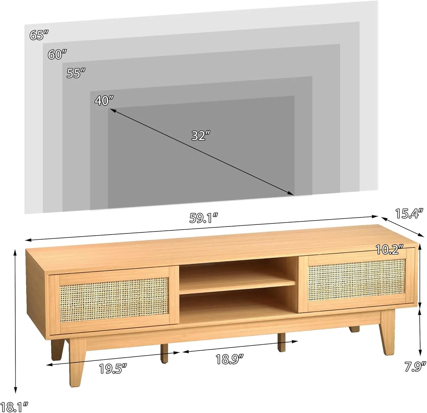 BohoRattan™ 55-65" TV Stand – Entertainment Console with Shelves, Cabinets & Sliding Doors