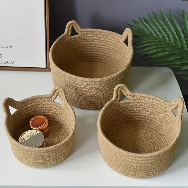 CatEar Basket – 1PC Adorable Cotton Woven Storage Basket, Durable Desk Organizer for Stationery and Sundries