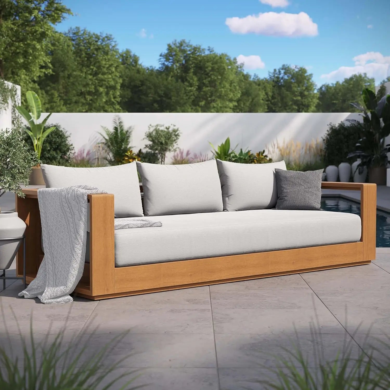 Tahoe™ Acacia Wood Outdoor Sofa Natural Light Gray, Weather-Resistant Cushions — Perfect for Porch or Sunroom