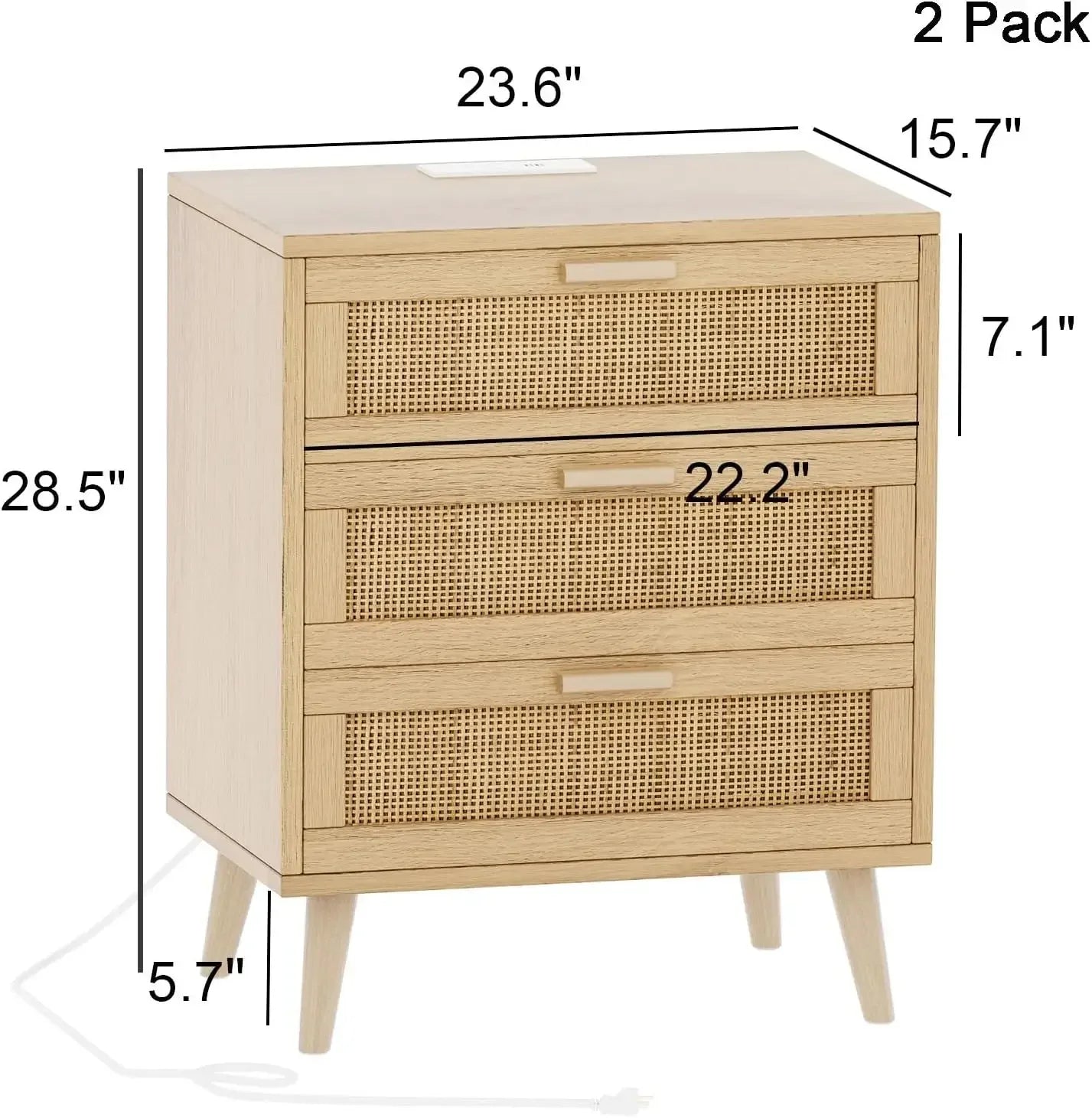 RattaLux™ Set of 2 Rattan Nightstands with Charging Station – 6-Drawer Wide Bedside End Tables (47.2") for Modern Bedroom