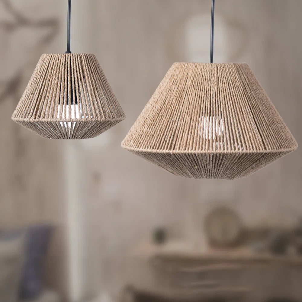RattanGlow – Geometric Woven Rattan Lamp Shade, Hanging Chandelier Light Fixture, Rustic Decorative Basket Design