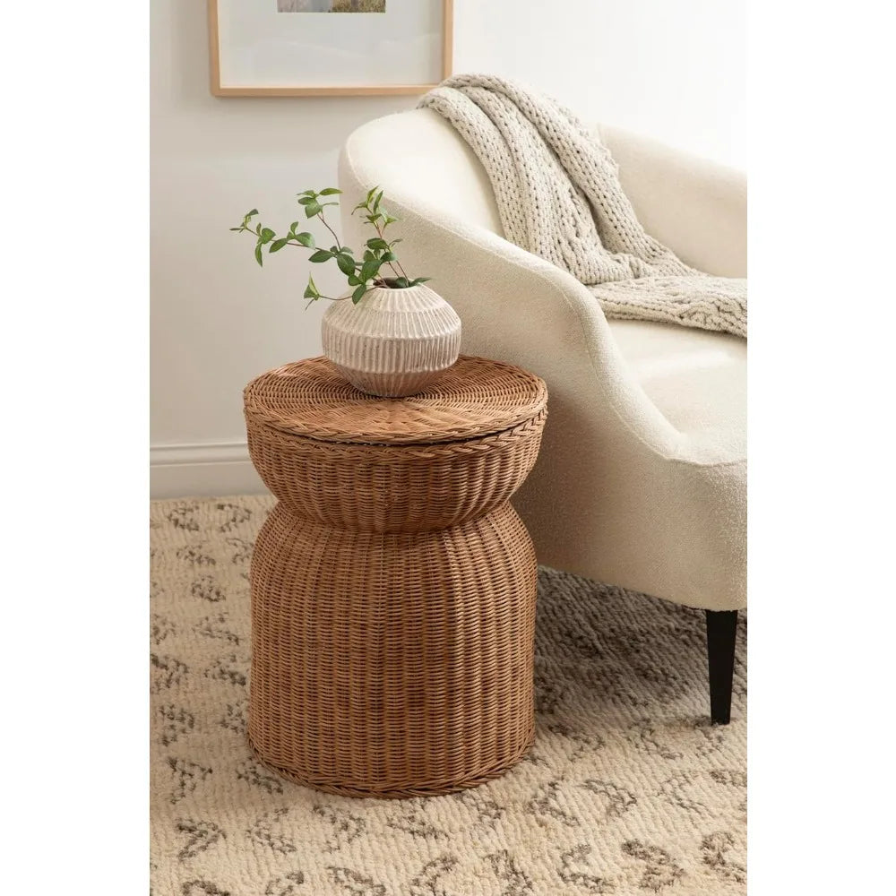 ThatchWeave – Modern Round Woven Rattan Side Table with Lift-Top Hidden Storage, 17 x 17 x 21 Natural Finish