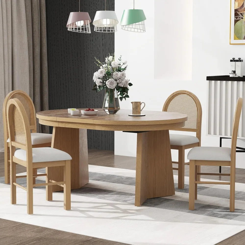 RetroDine™ – 5-Piece Functional Dining Set with Solid Wood Extendable Table & Upholstered Rattan-Back Chairs