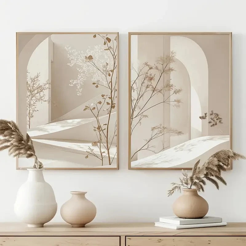 2-Piece Arch Landscape Canvas Print Set – Neutral Brown Tones, Frameless Boho Wall Art for Office, Bedroom, Dining Room, and Home Decor
