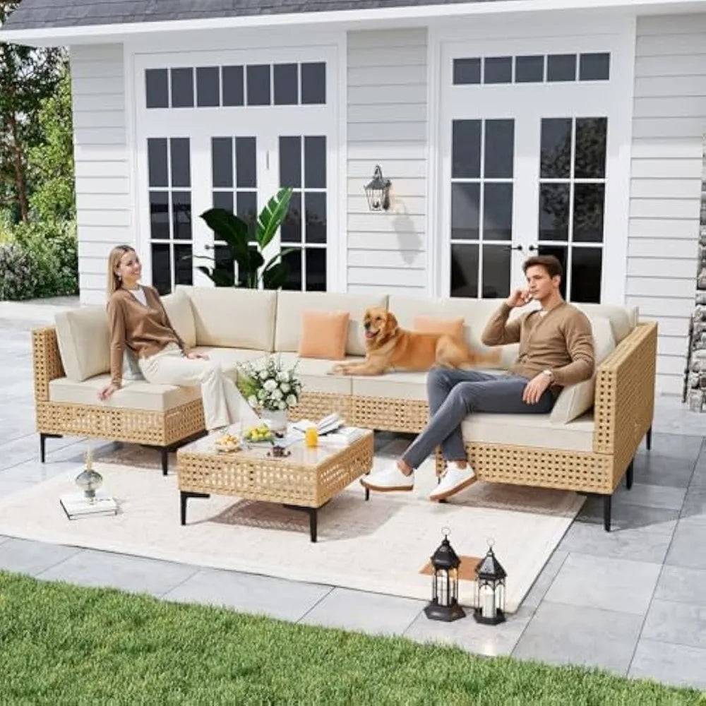 BohoWeave™ 7-Piece Wicker Patio Set 110" Large Outdoor Sectional with Coffee Table — Boho-Style Conversation Furniture for Patio & Garden