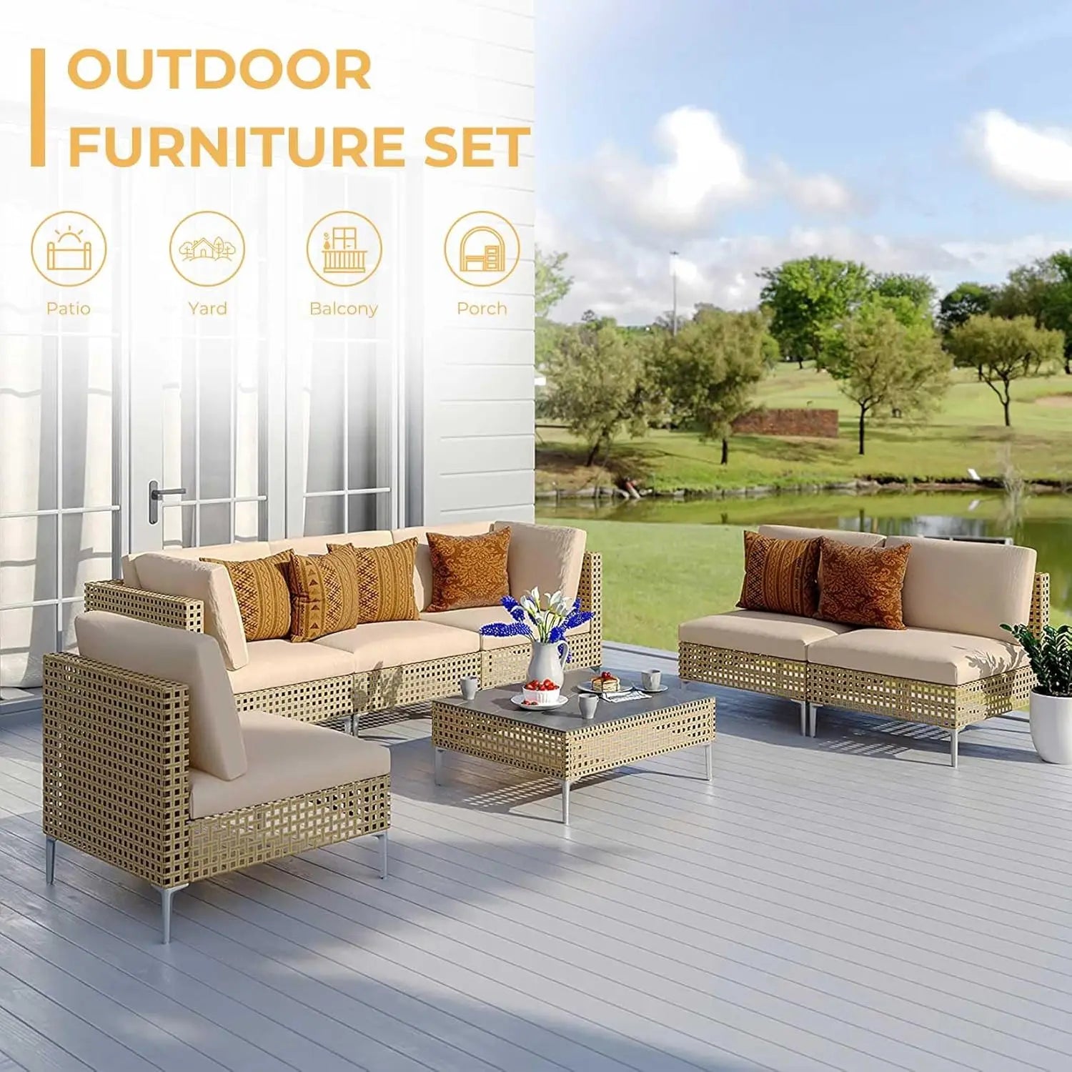 BohoNest™ 7-Piece Wicker Patio Set Outdoor Sectional Conversation Sofa with Thick Cushions & Coffee Table — Relaxed Bohemian Style