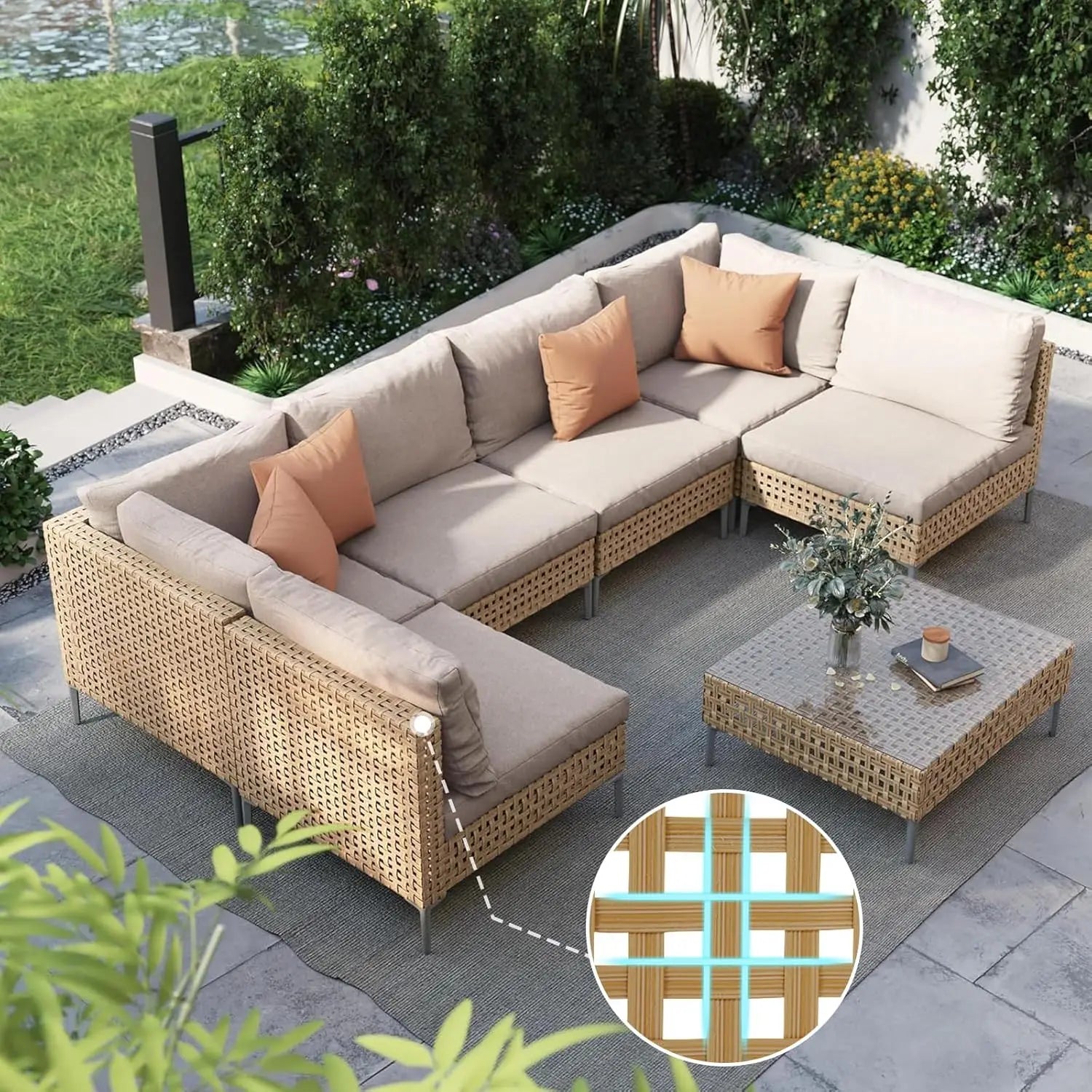 BohoNest™ 7-Piece Wicker Patio Set Outdoor Sectional Conversation Sofa with Thick Cushions & Coffee Table — Relaxed Bohemian Style