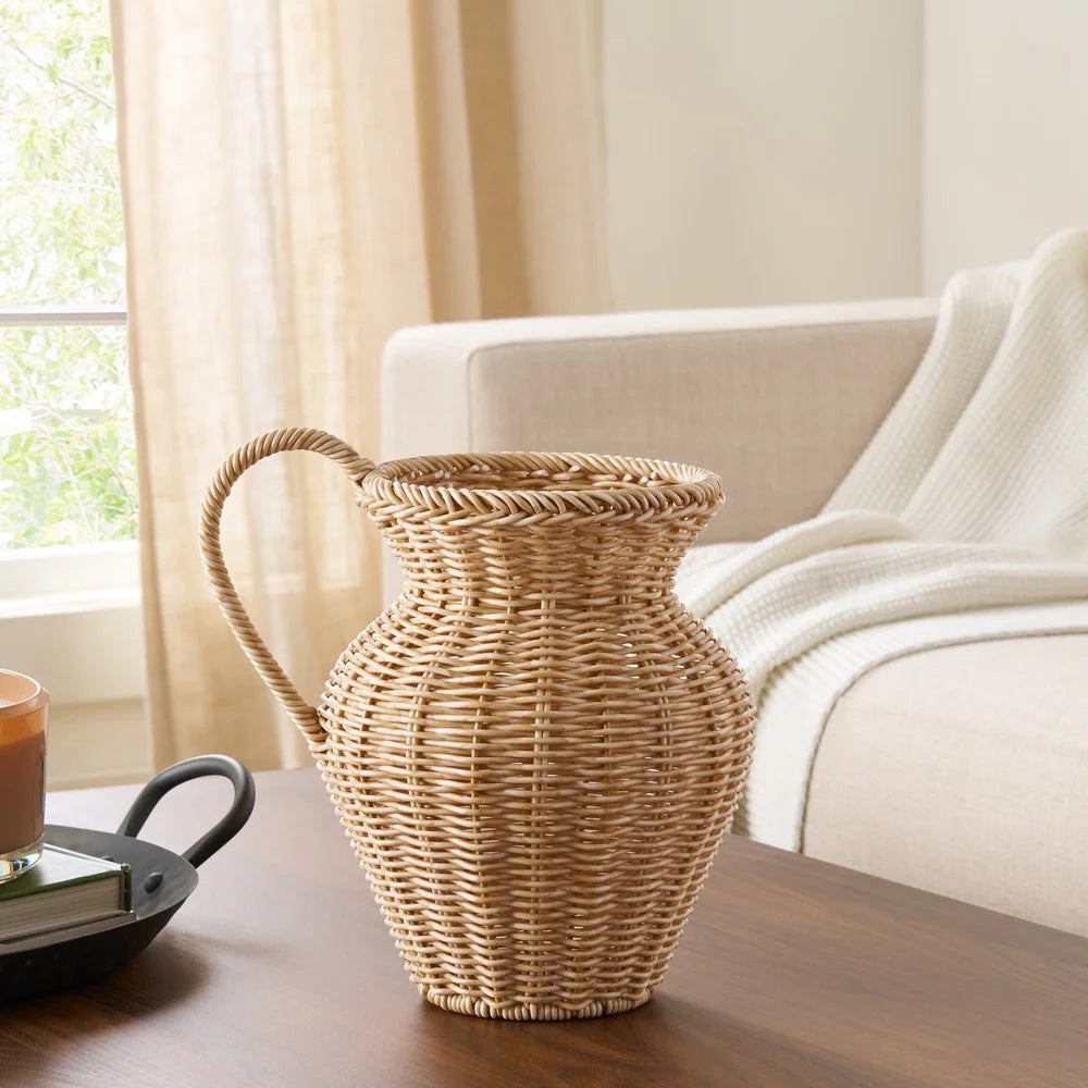 FauxWood Weave – 9-Inch Rattan Pitcher Vase, Decorative Woven Design for Dried Flowers and Home Display in Living Room or Entryway