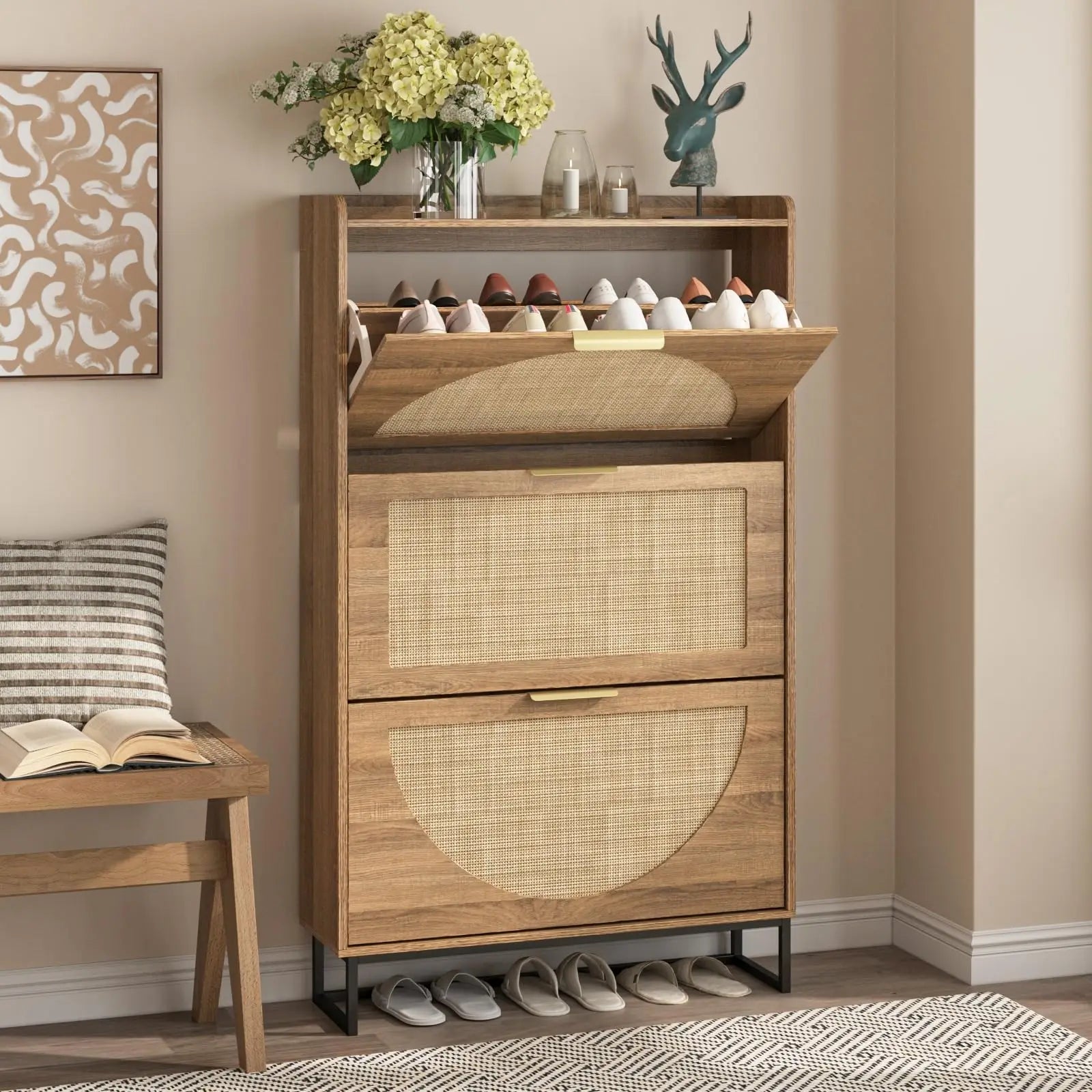Vabches™ Rattan Shoe Cabinet – 3 Flip Drawers with Metal Legs, Freestanding Entryway Shoe Organizer