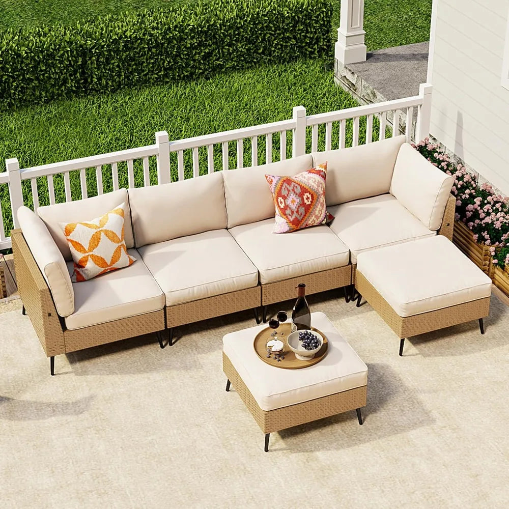 WeatherGuard™ 6-Piece Outdoor Sectional Set PE Rattan Wicker Sofa — All-Weather Patio Conversation Furniture