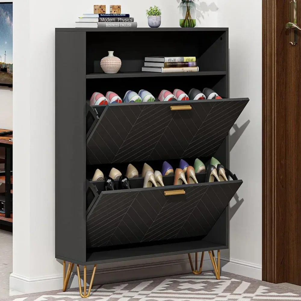 TippaBuck™ Modern Shoe Storage Cabinet – Slim Entryway Shoe Rack with Top Cubby & Hidden Door Organizer