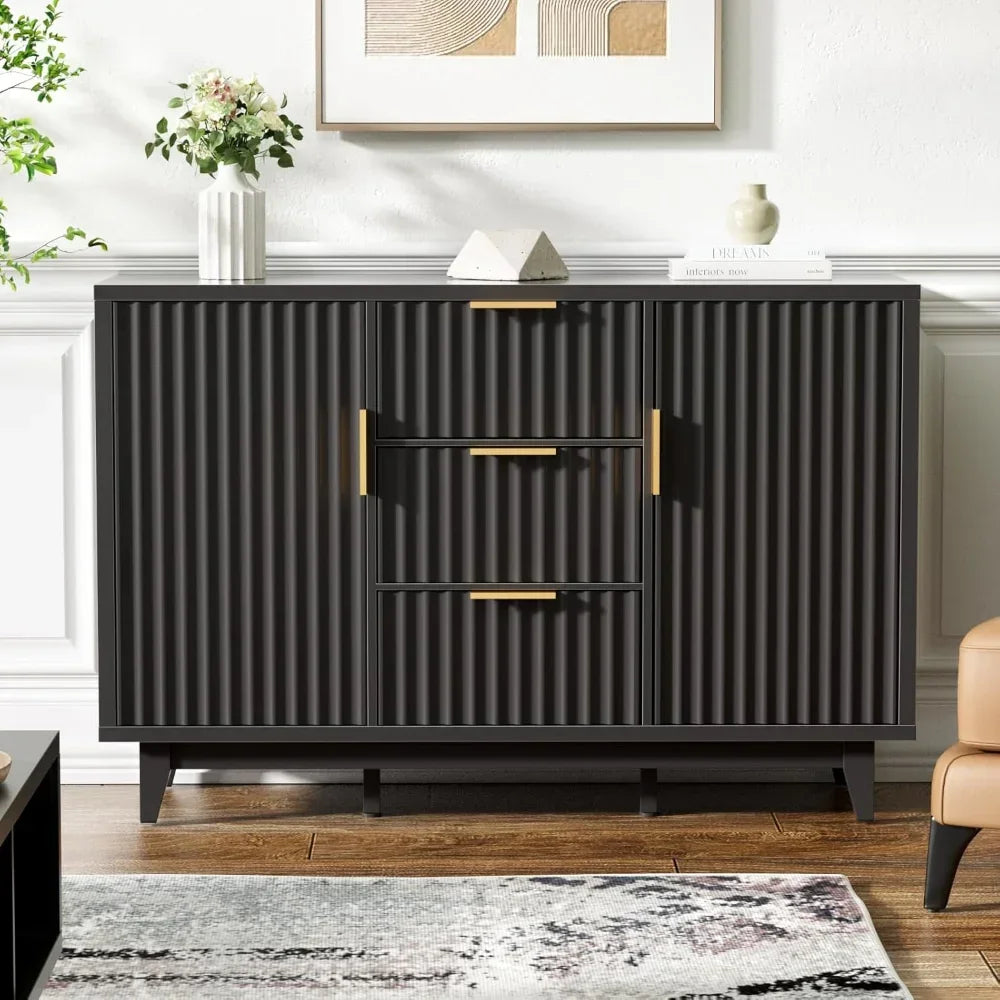FluteCraft™ 47.2" Storage Cabinet – Mid Century Modern Buffet Sideboard with 3 Drawers & 2 Doors