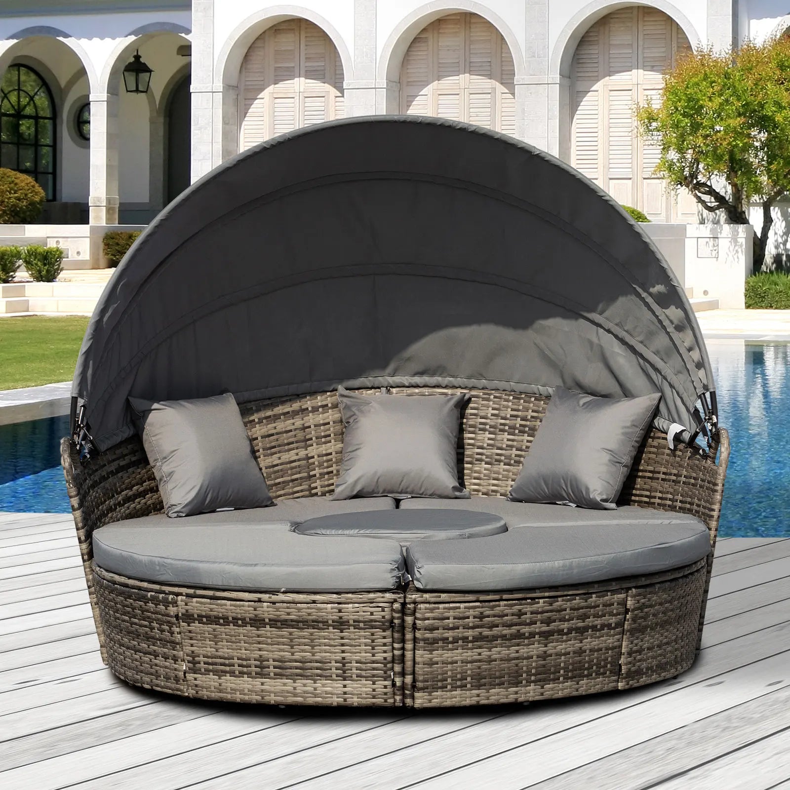FlexLounge™ 4-Piece Outdoor Convertible Daybed Set Includes Sofa, Coffee Table & Chairs — Gray Patio Furniture