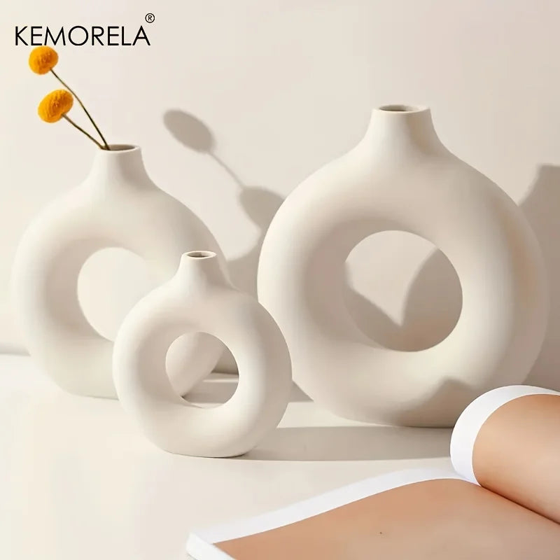 KEMORELA Nordic Style Ceramic Donut Shaped Vase Hollow Circular Flower Pot for Home Living Room Office Desktop Decorative Accessory Gift