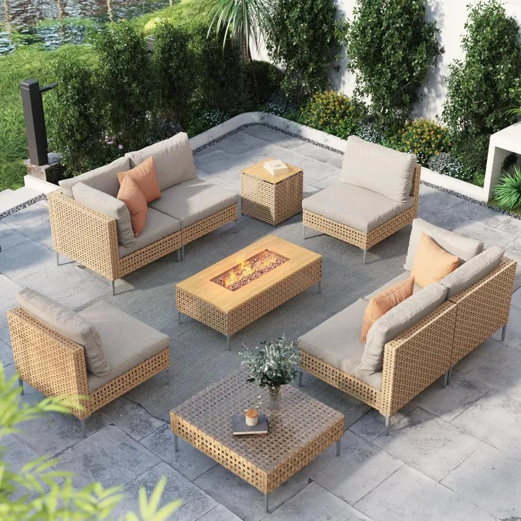 IgnisHaven™ 9-Piece Patio Set with Fire Pit Table Outdoor Wicker Conversation Set with 47" Rectangle Propane Fire Table — 50,000 BTU of Warmth & Style
