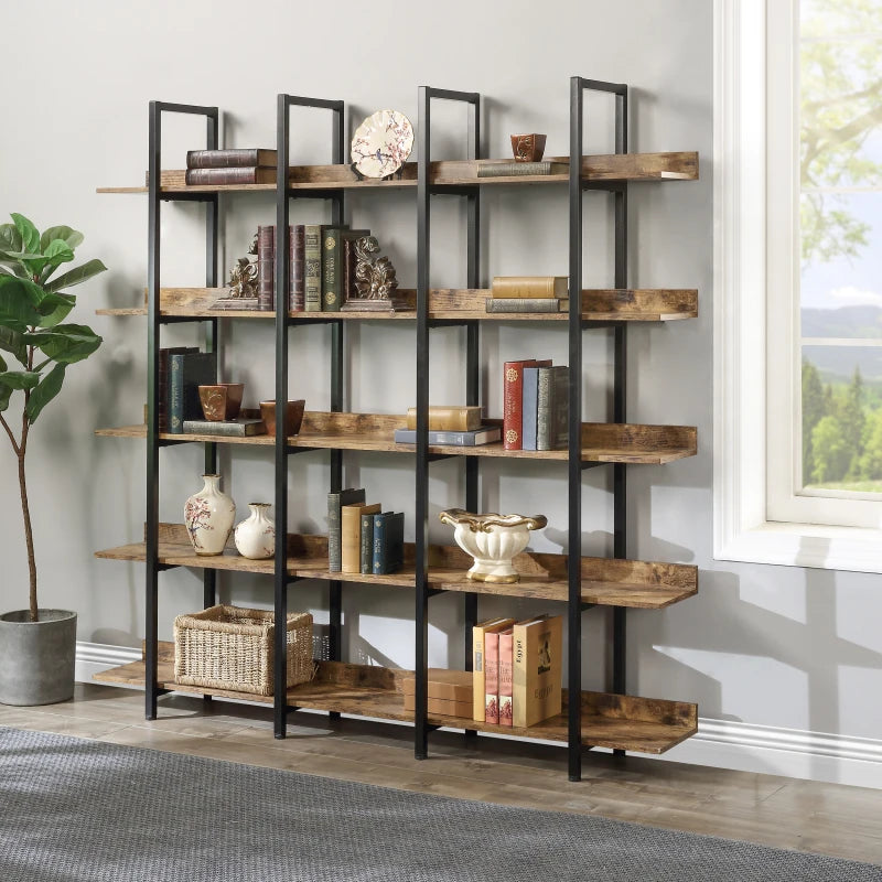 IndustroVintage™ — 5-Tier Open Shelf Bookcase with Metal Frame & MDF Wood for Home Office Organization