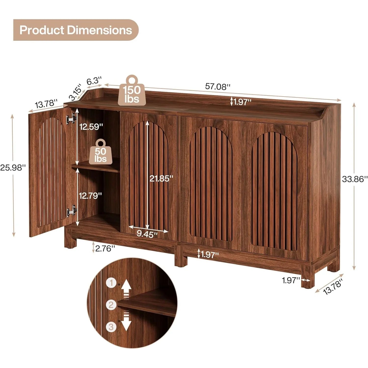 Farmhouse™ 57" Walnut Buffet Cabinet – Sideboard with Doors & Adjustable Shelves for Dining, Kitchen & Living RoomDemander à ChatGPT
