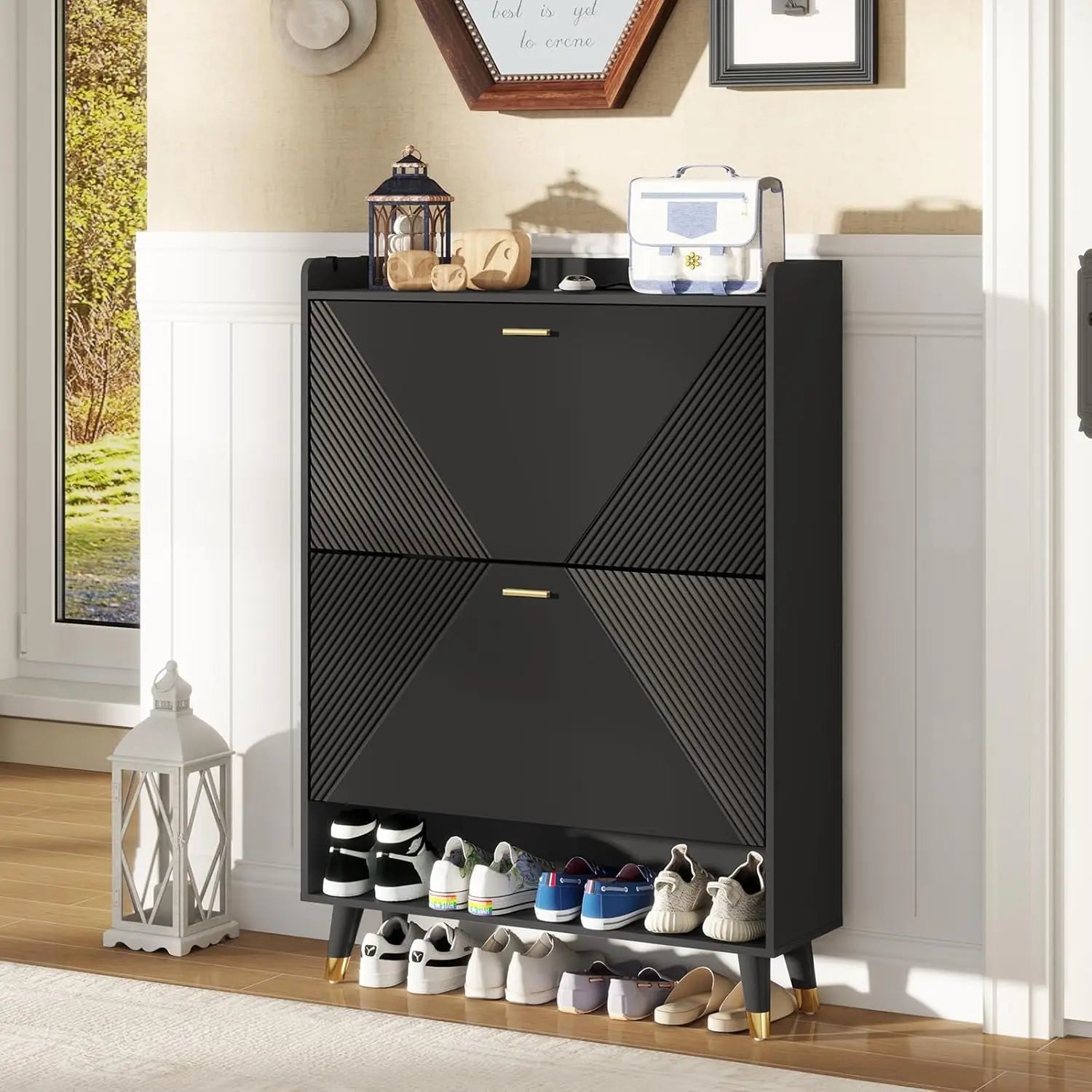 SlimFit™ 24-Pair Shoe Cabinet – Size 13 Compatible, Freestanding Organizer with 2 Flip Drawers & Built-in Coat Hooks